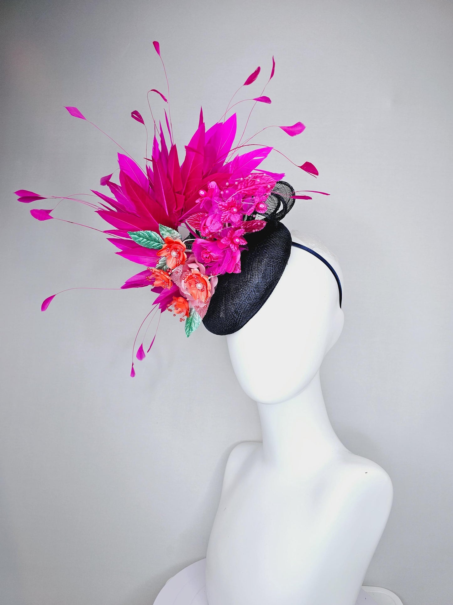 kentucky derby hat fascinator black sinamay with hot pink fuchsia branching feathers,orange and pink satin silk flowers,green leaves