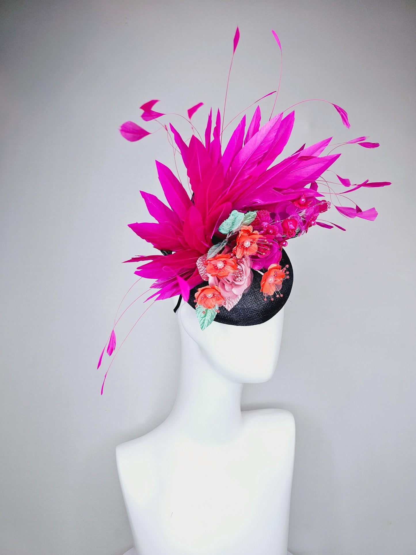kentucky derby hat fascinator black sinamay with hot pink fuchsia branching feathers,orange and pink satin silk flowers,green leaves
