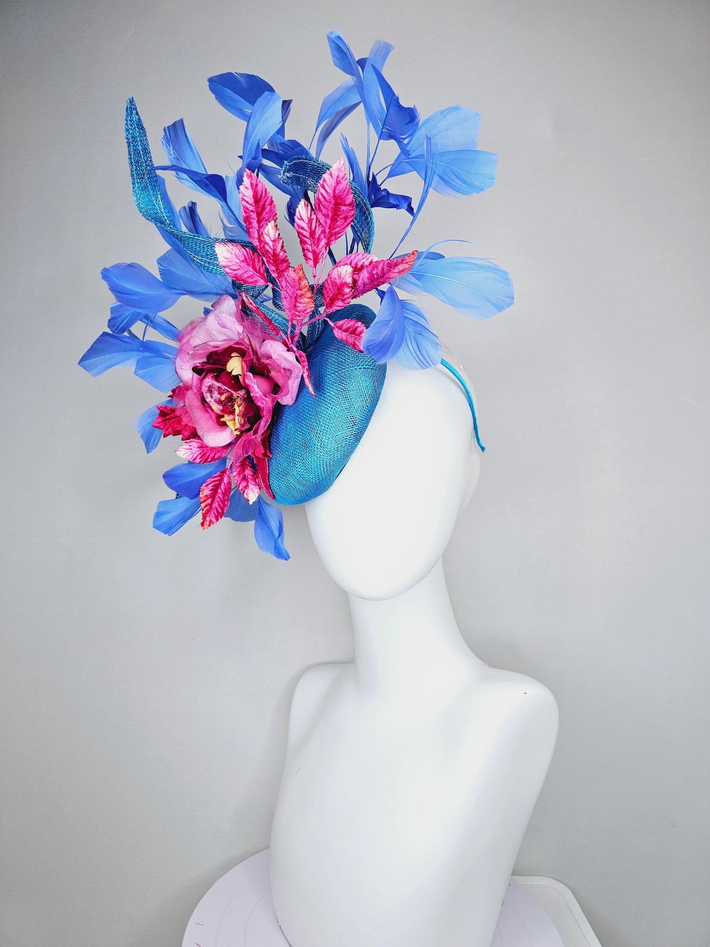 kentucky derby hat fascinator bright blue sinamay with curls,royal blue branching feathers,pink ombre organza rose,pink ombre velvet leaves