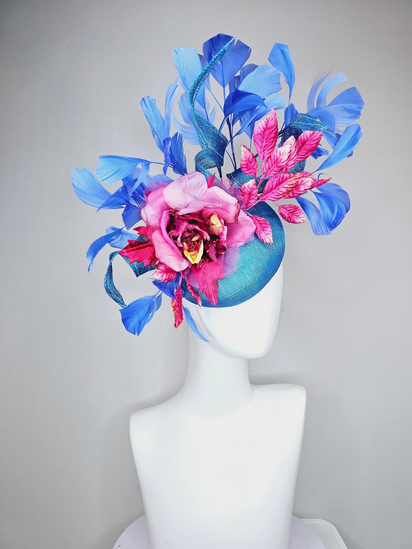 kentucky derby hat fascinator bright blue sinamay with curls,royal blue branching feathers,pink ombre organza rose,pink ombre velvet leaves