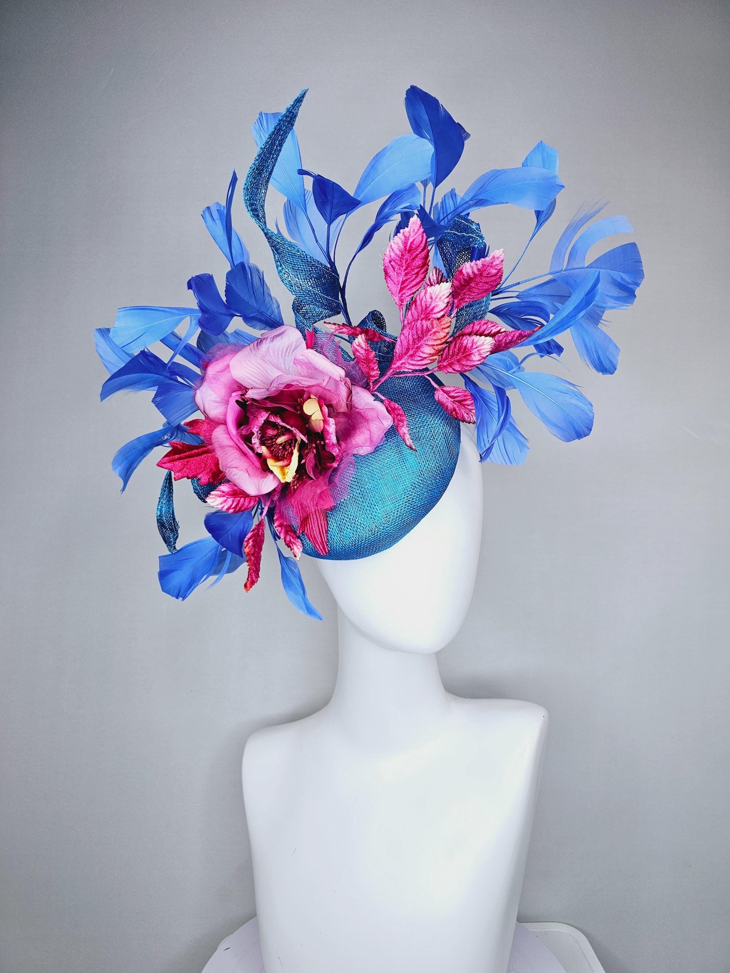 kentucky derby hat fascinator bright blue sinamay with curls,royal blue branching feathers,pink ombre organza rose,pink ombre velvet leaves