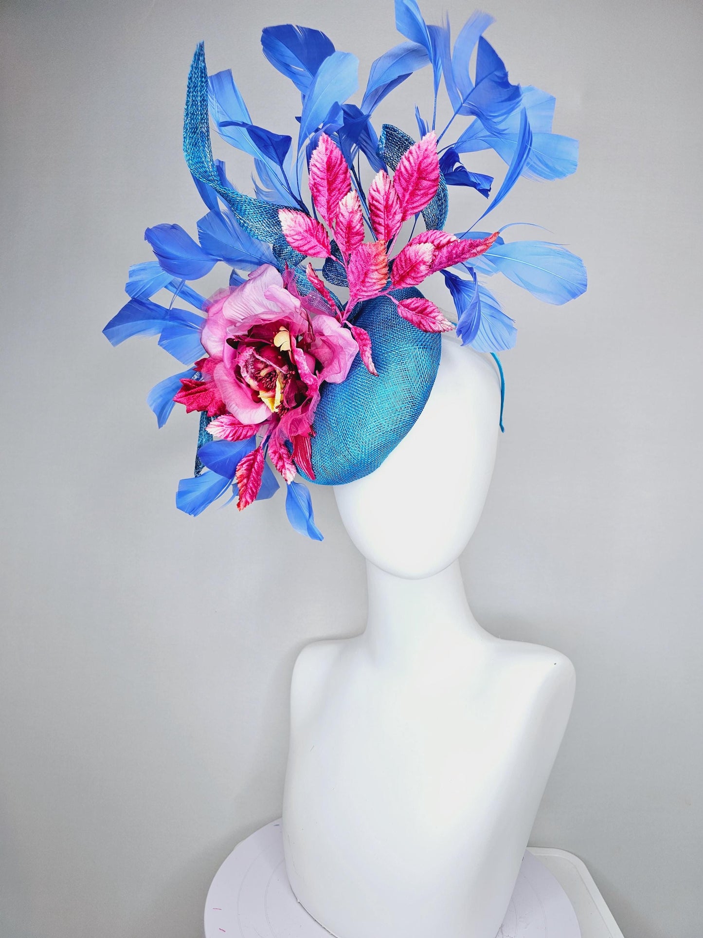 kentucky derby hat fascinator bright blue sinamay with curls,royal blue branching feathers,pink ombre organza rose,pink ombre velvet leaves