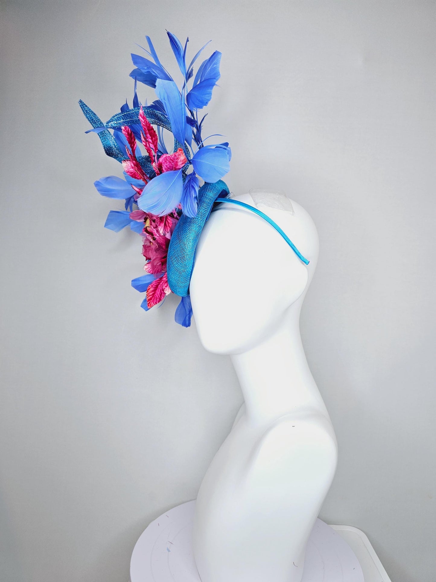 kentucky derby hat fascinator bright blue sinamay with curls,royal blue branching feathers,pink ombre organza rose,pink ombre velvet leaves