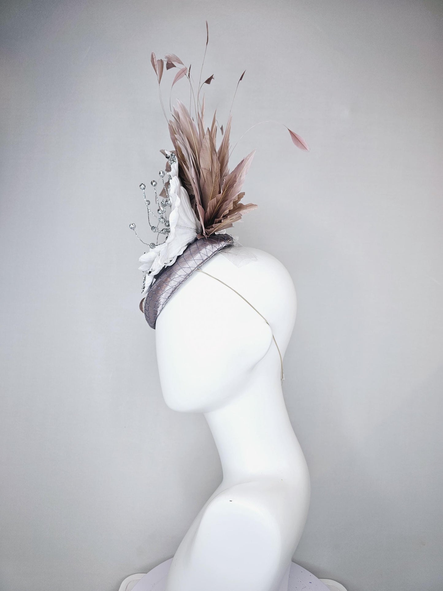 kentucky derby hat fascinator gray silver satin with netting, white sequin silver satin flower and taupe neutral branching feathers