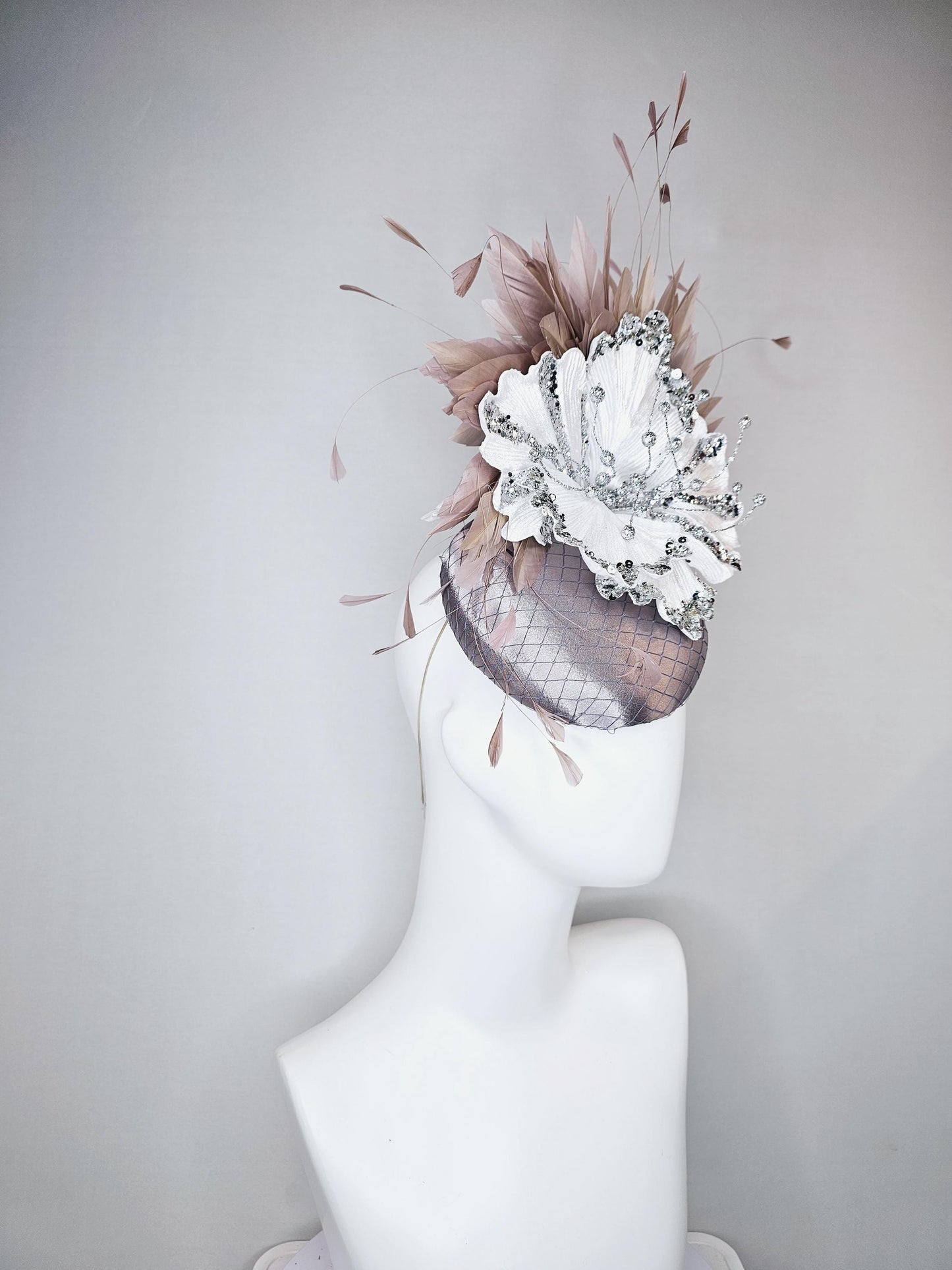 kentucky derby hat fascinator gray silver satin with netting, white sequin silver satin flower and taupe neutral branching feathers
