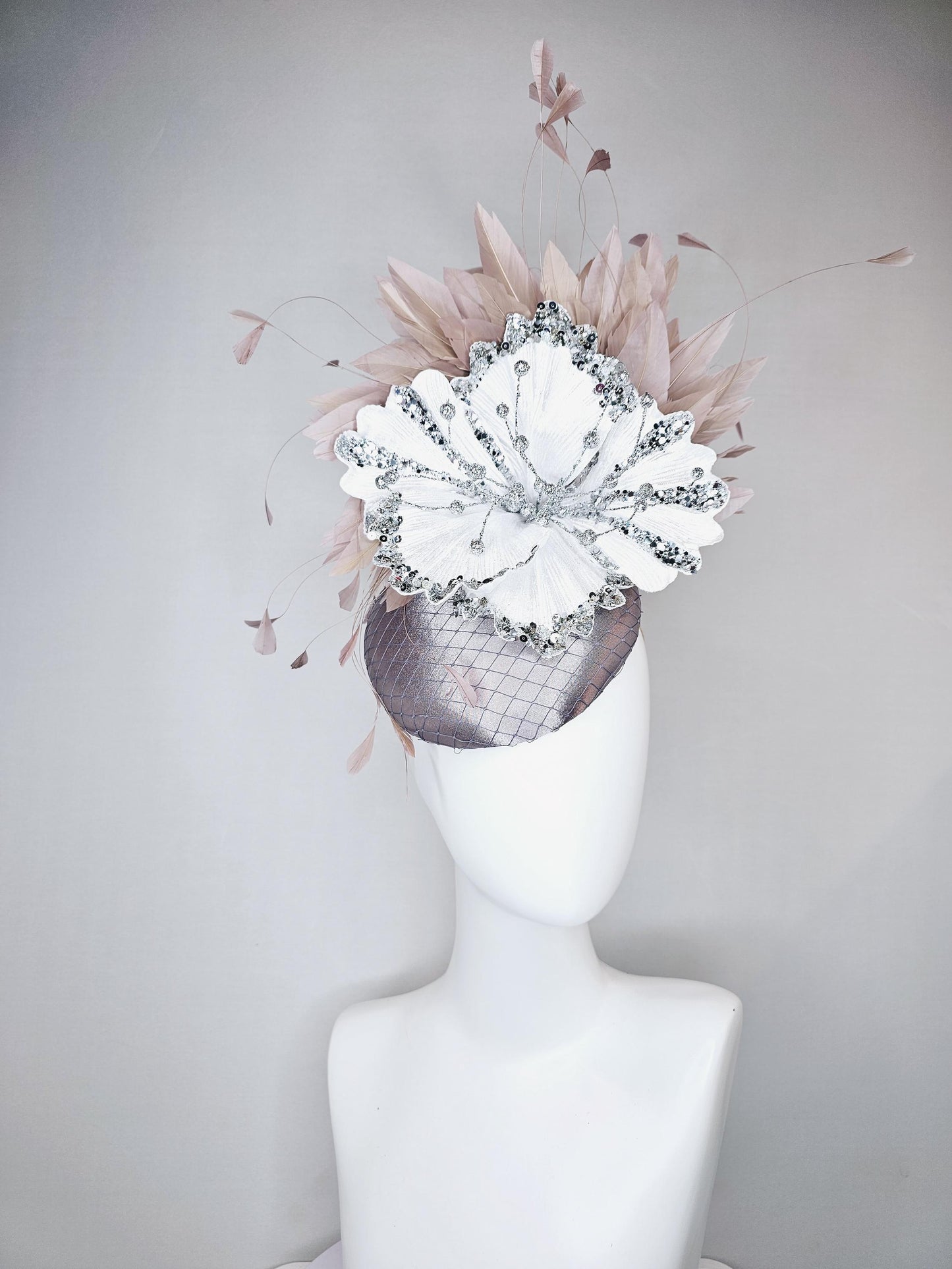 kentucky derby hat fascinator gray silver satin with netting, white sequin silver satin flower and taupe neutral branching feathers