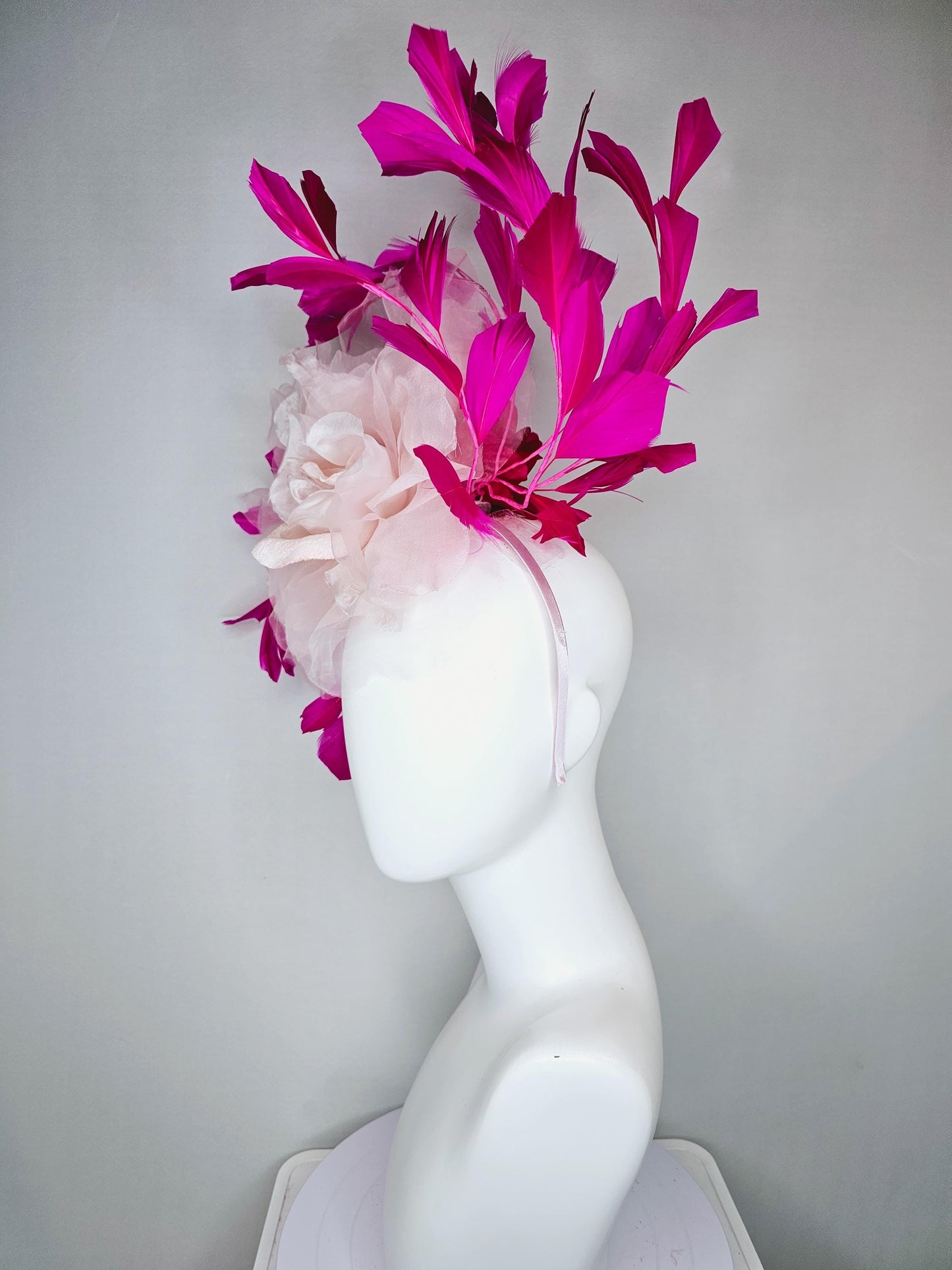 kentucky derby hat fascinator with light blush pink organza flower and pink fuchsia feathers, thin headband