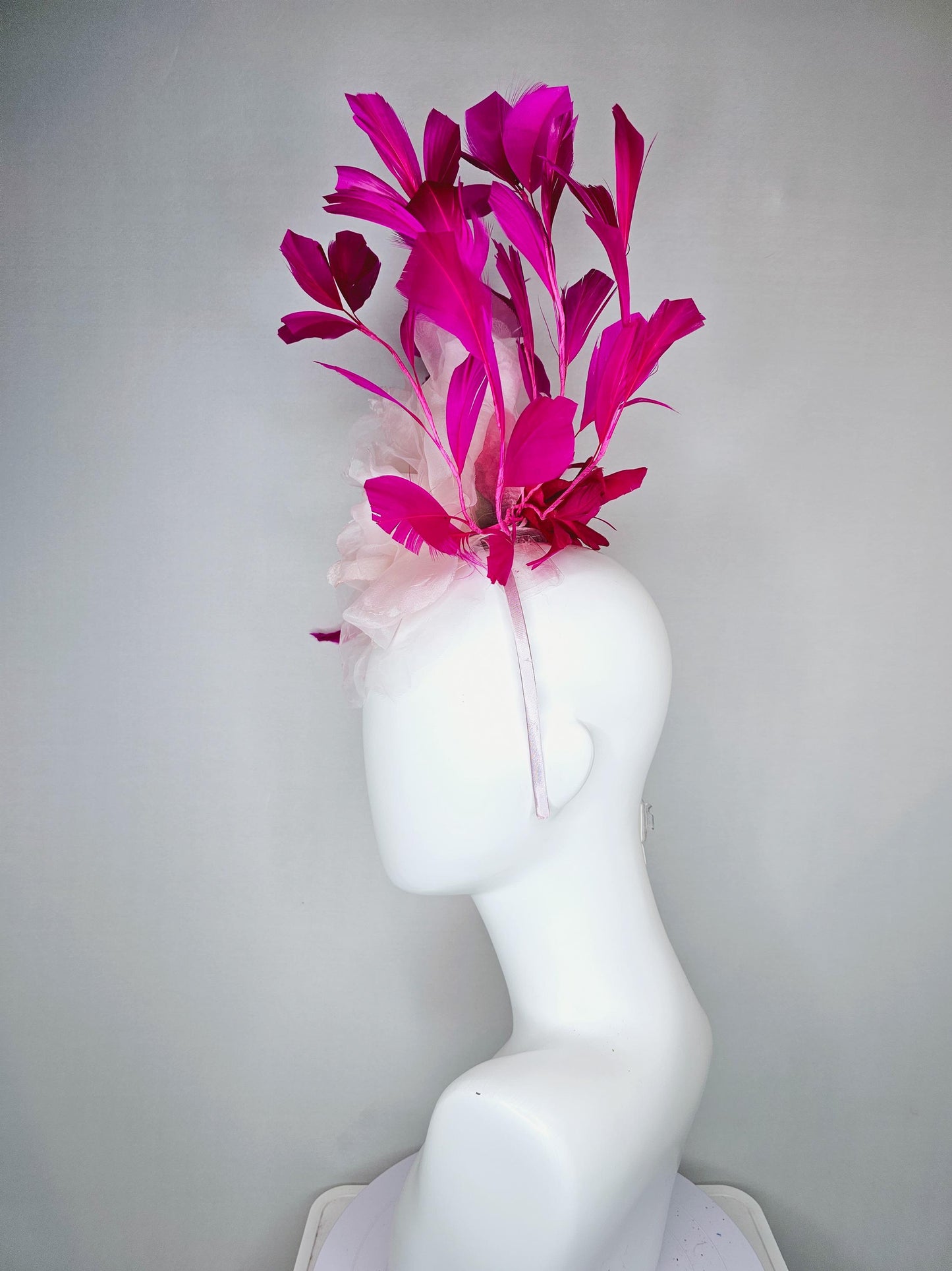 kentucky derby hat fascinator with light blush pink organza flower and pink fuchsia feathers, thin headband