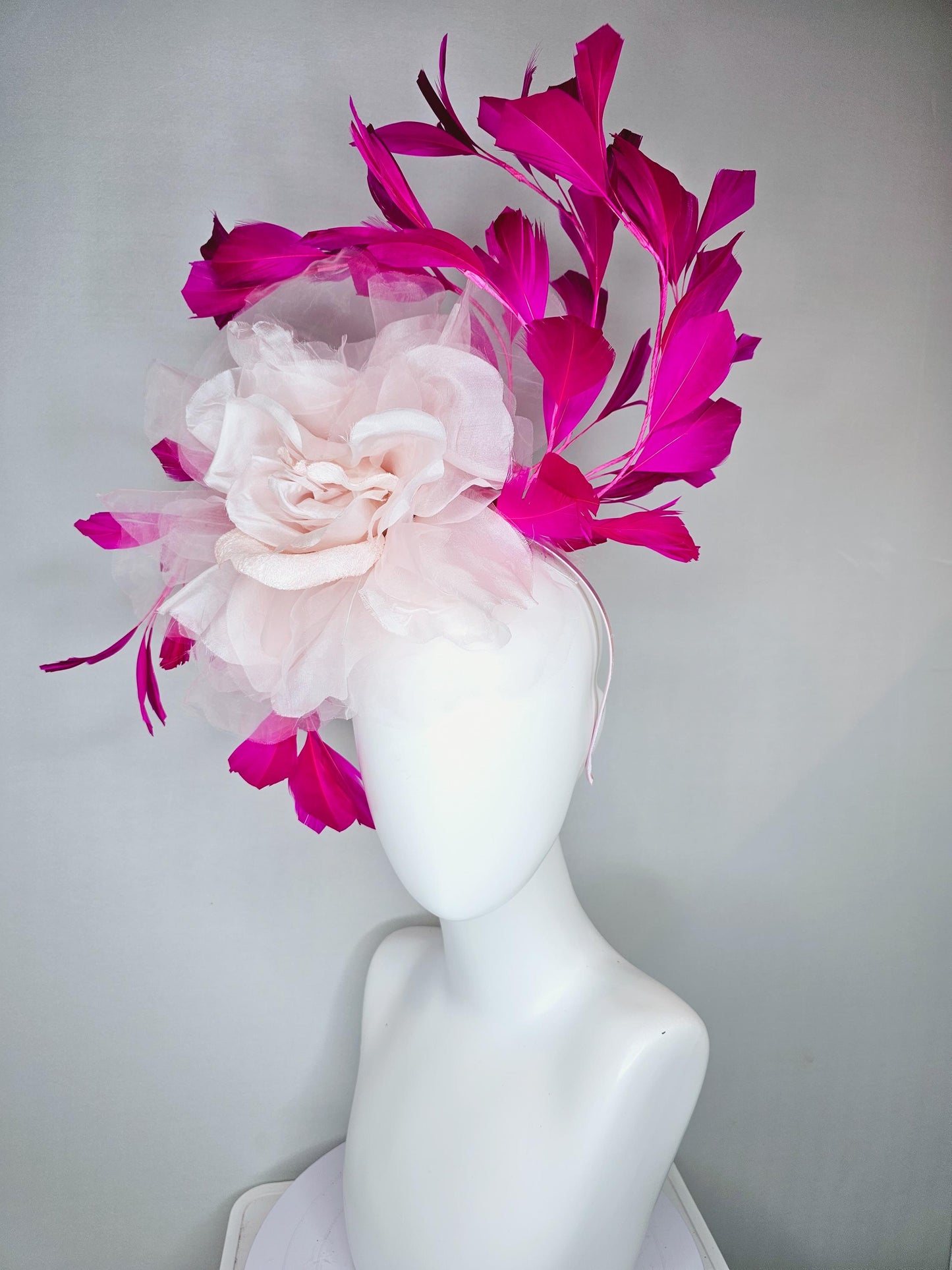 kentucky derby hat fascinator with light blush pink organza flower and pink fuchsia feathers, thin headband