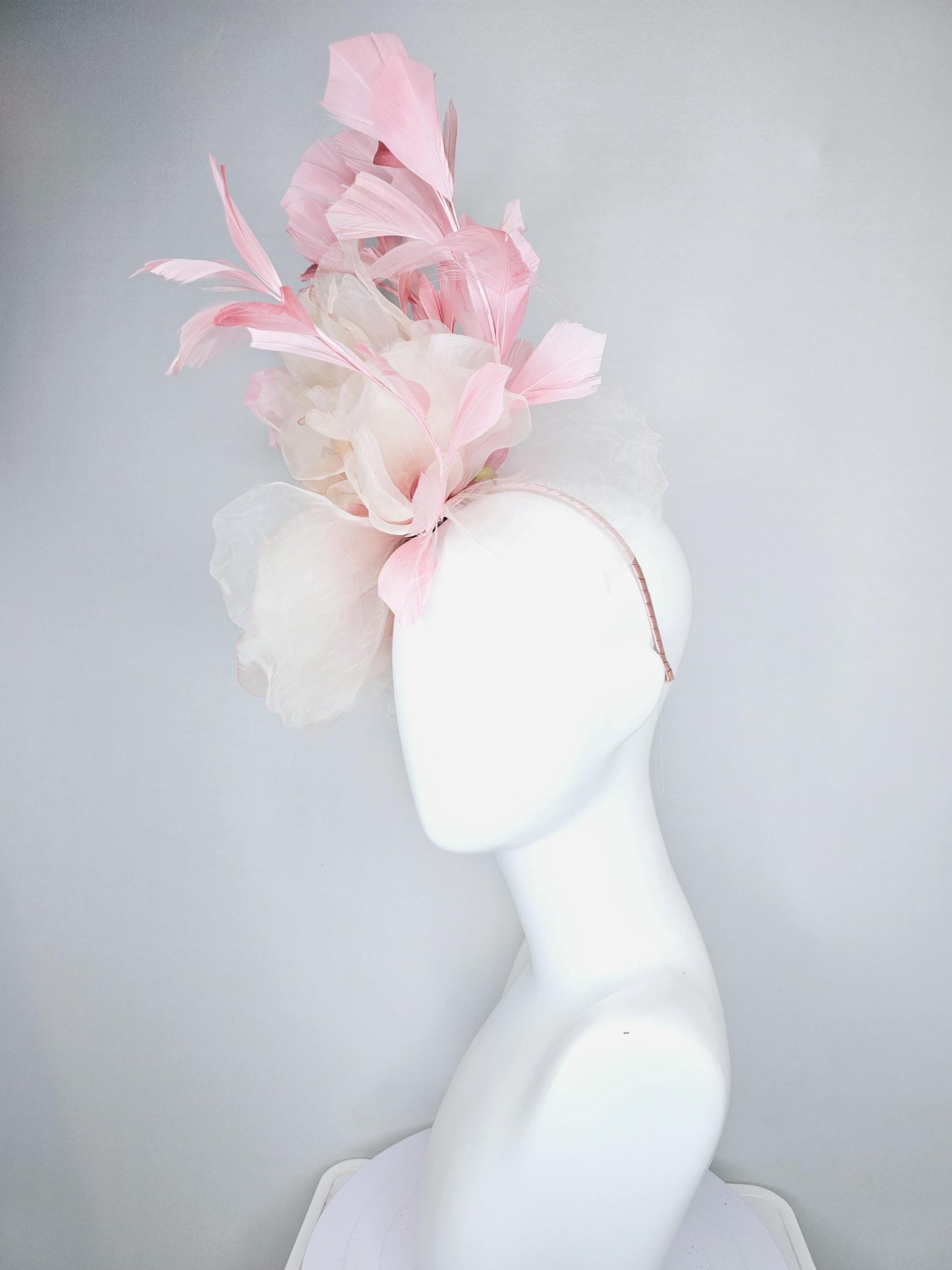 kentucky derby hat fascinator with light baby pink satin and organza rose flower and blush pink feathers, thin headband