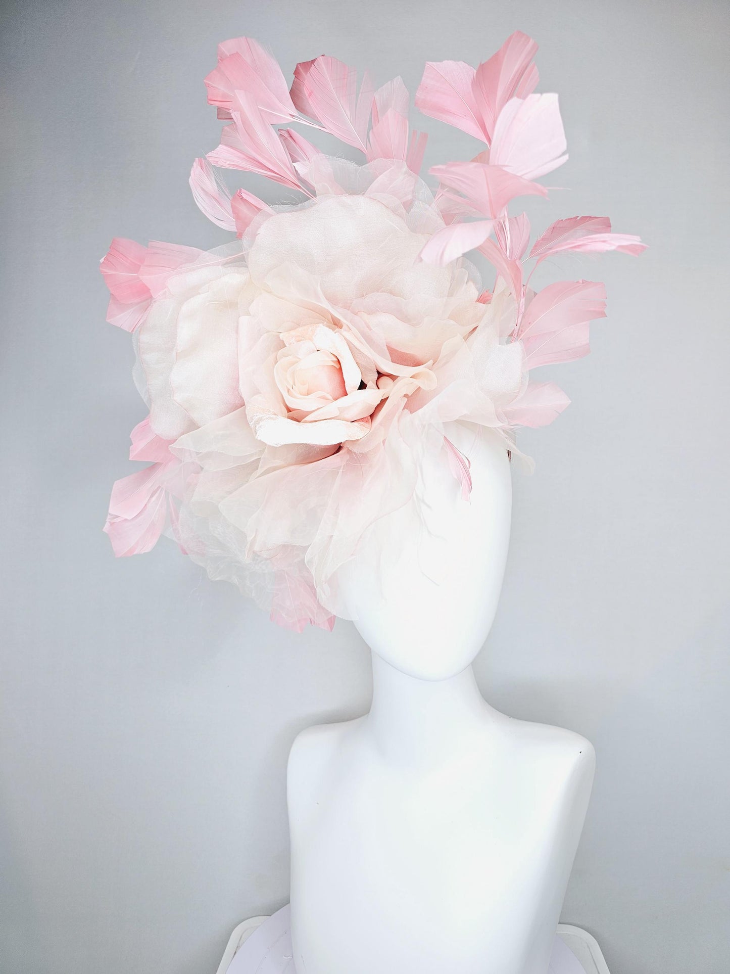 kentucky derby hat fascinator with light baby pink satin and organza rose flower and blush pink feathers, thin headband