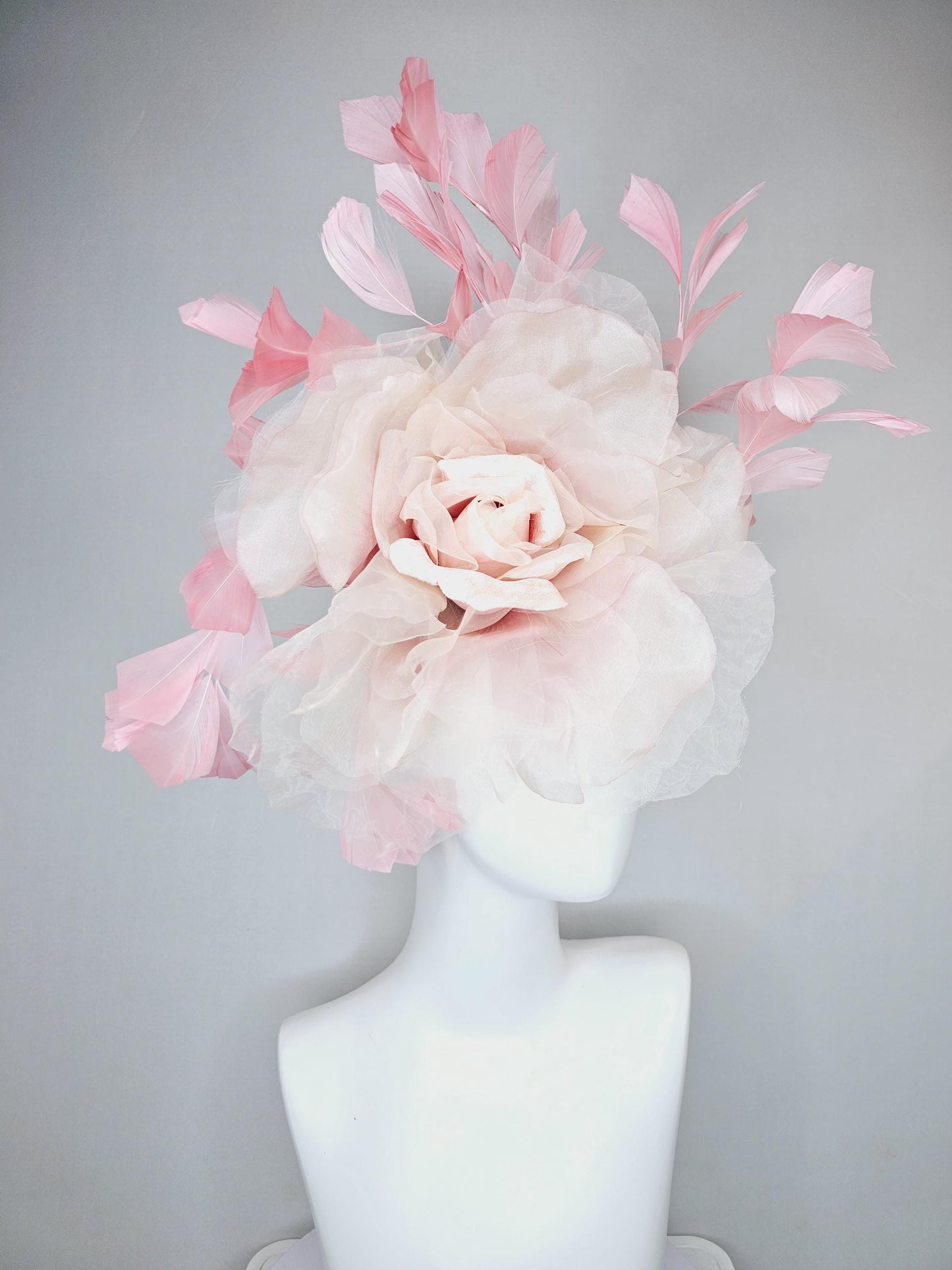 kentucky derby hat fascinator with light baby pink satin and organza rose flower and blush pink feathers, thin headband