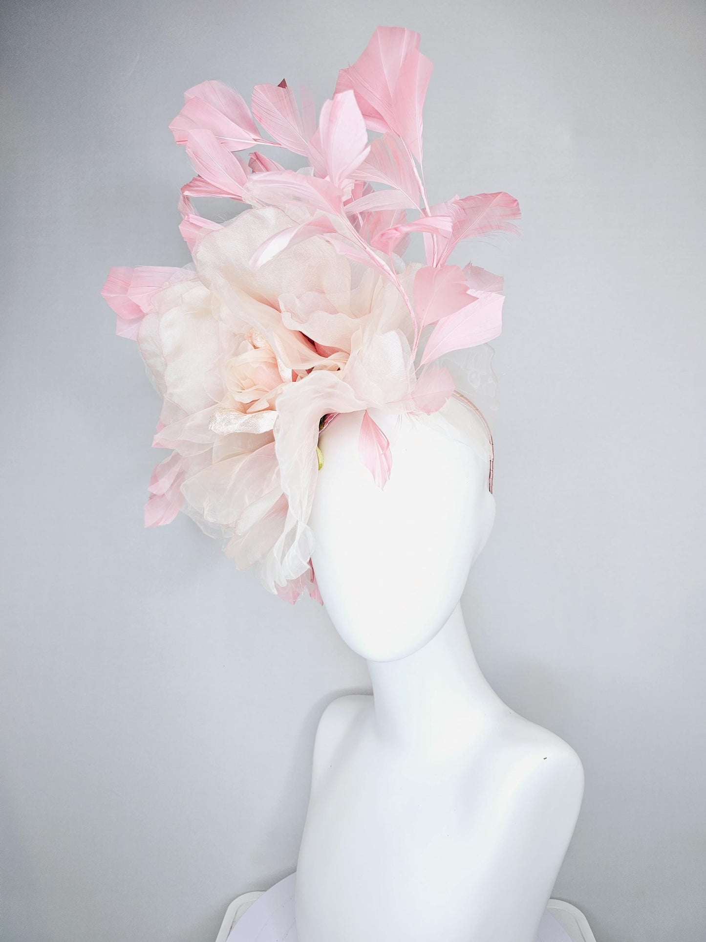 kentucky derby hat fascinator with light baby pink satin and organza rose flower and blush pink feathers, thin headband