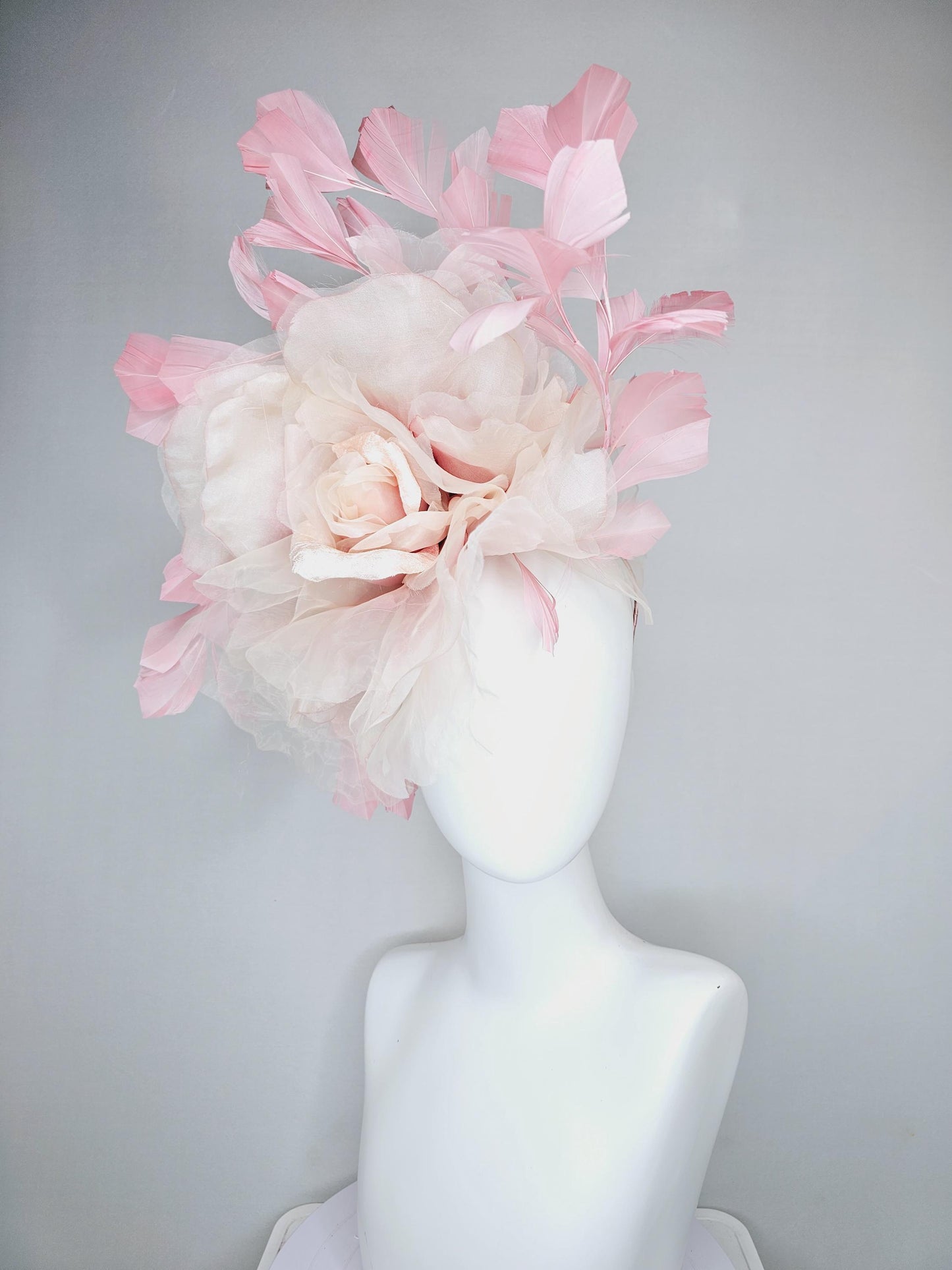 kentucky derby hat fascinator with light baby pink satin and organza rose flower and blush pink feathers, thin headband