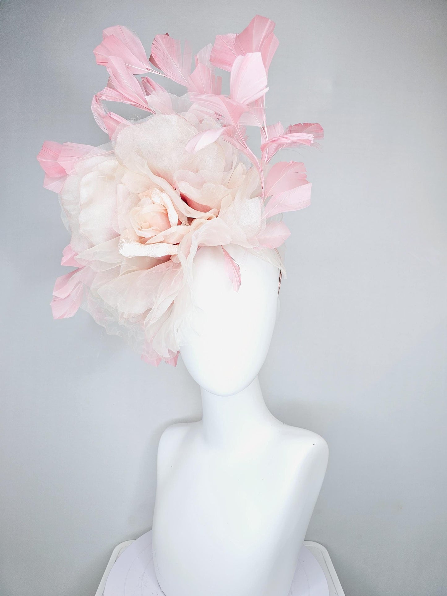 kentucky derby hat fascinator with light baby pink satin and organza rose flower and blush pink feathers, thin headband