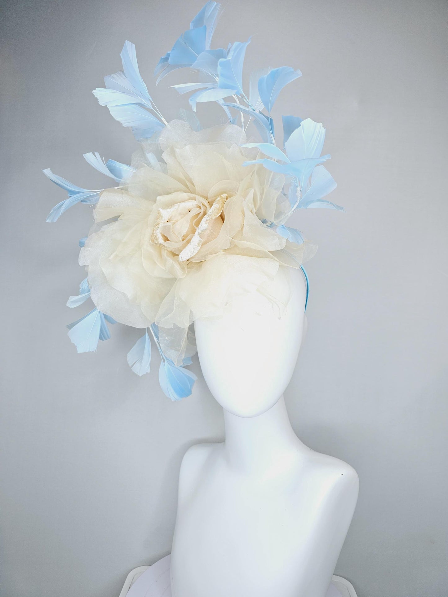 kentucky derby hat fascinator with beige ivory organza rose flower and sky blue feathers, thin headband