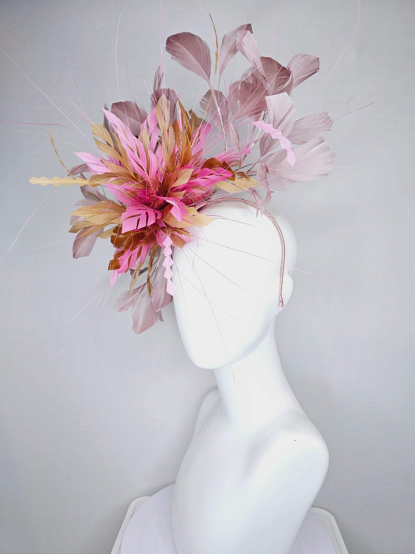 kentucky derby hat fascinator pink gold brown fluffy feather flowers and taupe feathers, thin headband