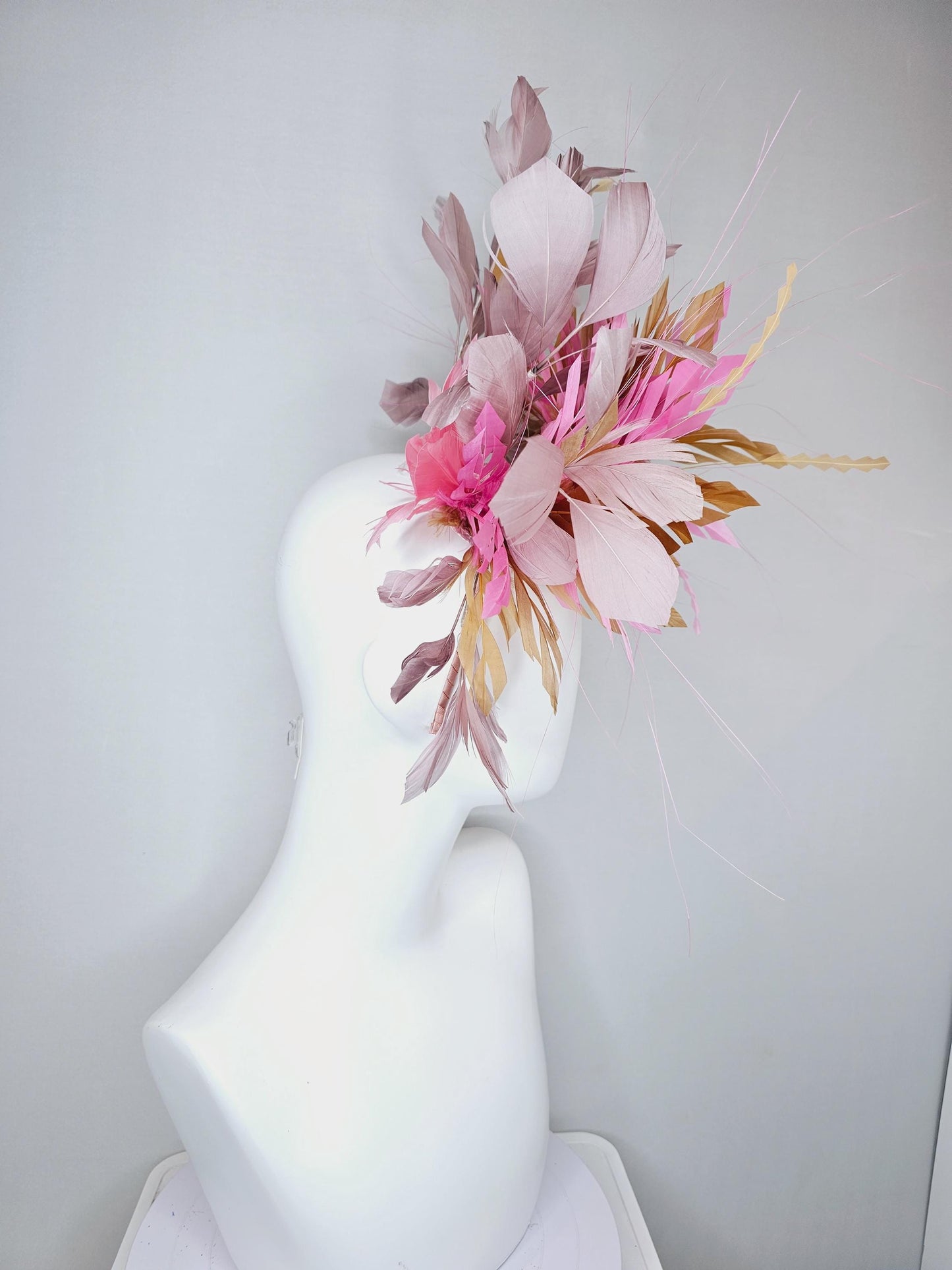 kentucky derby hat fascinator pink gold brown fluffy feather flowers and taupe feathers, thin headband