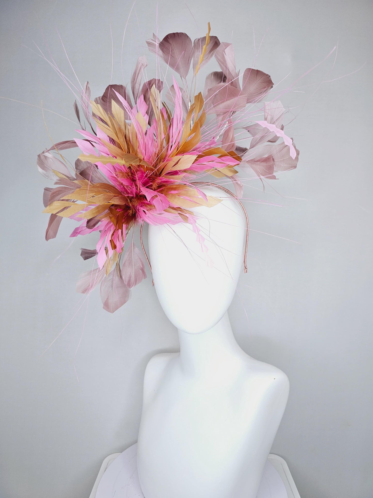 kentucky derby hat fascinator pink gold brown fluffy feather flowers and taupe feathers, thin headband