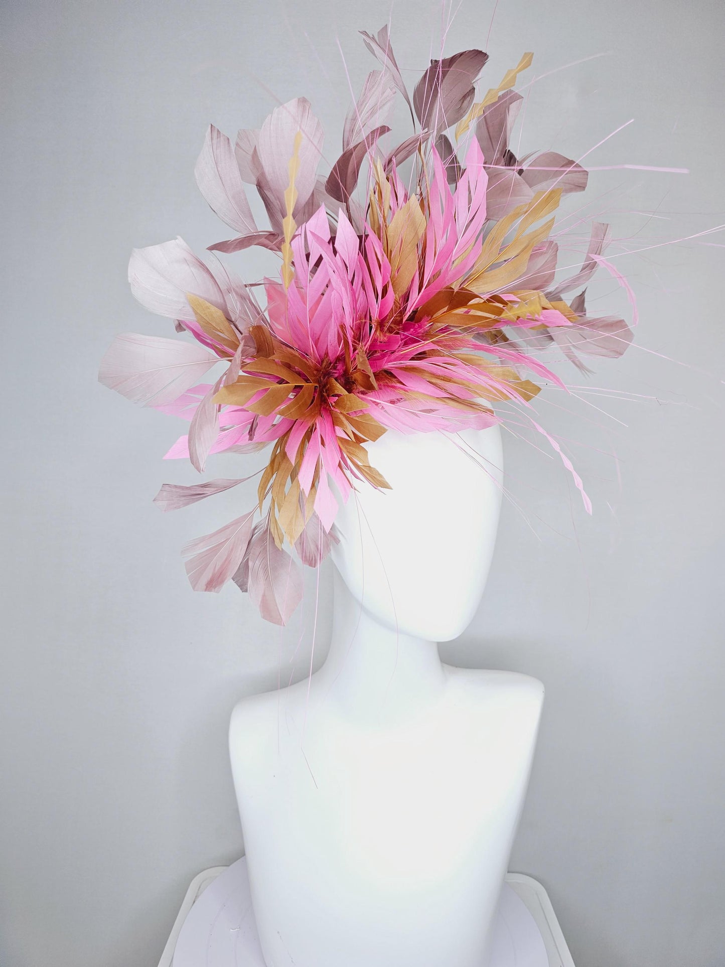 kentucky derby hat fascinator pink gold brown fluffy feather flowers and taupe feathers, thin headband