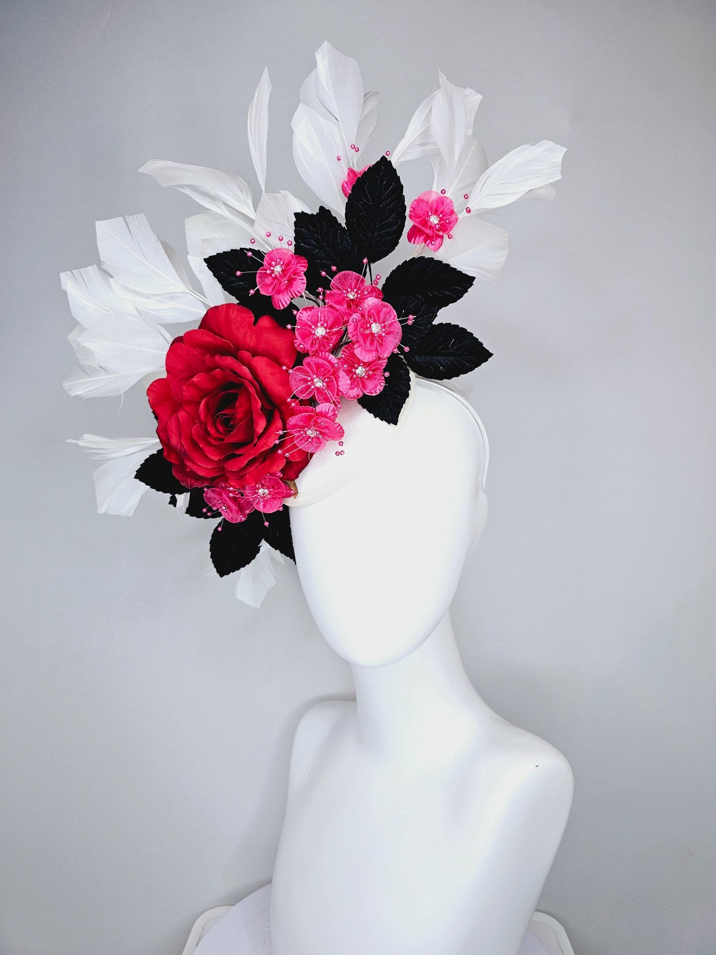 kentucky derby hat fascinator red satin silk rose flower,small pink satin flowers with black leaves and white feathers, thin headband