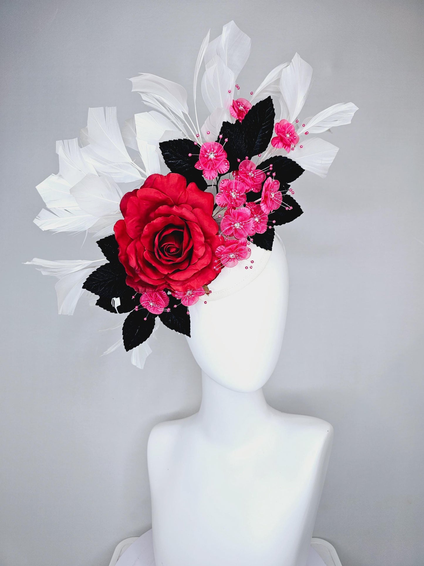 kentucky derby hat fascinator red satin silk rose flower,small pink satin flowers with black leaves and white feathers, thin headband