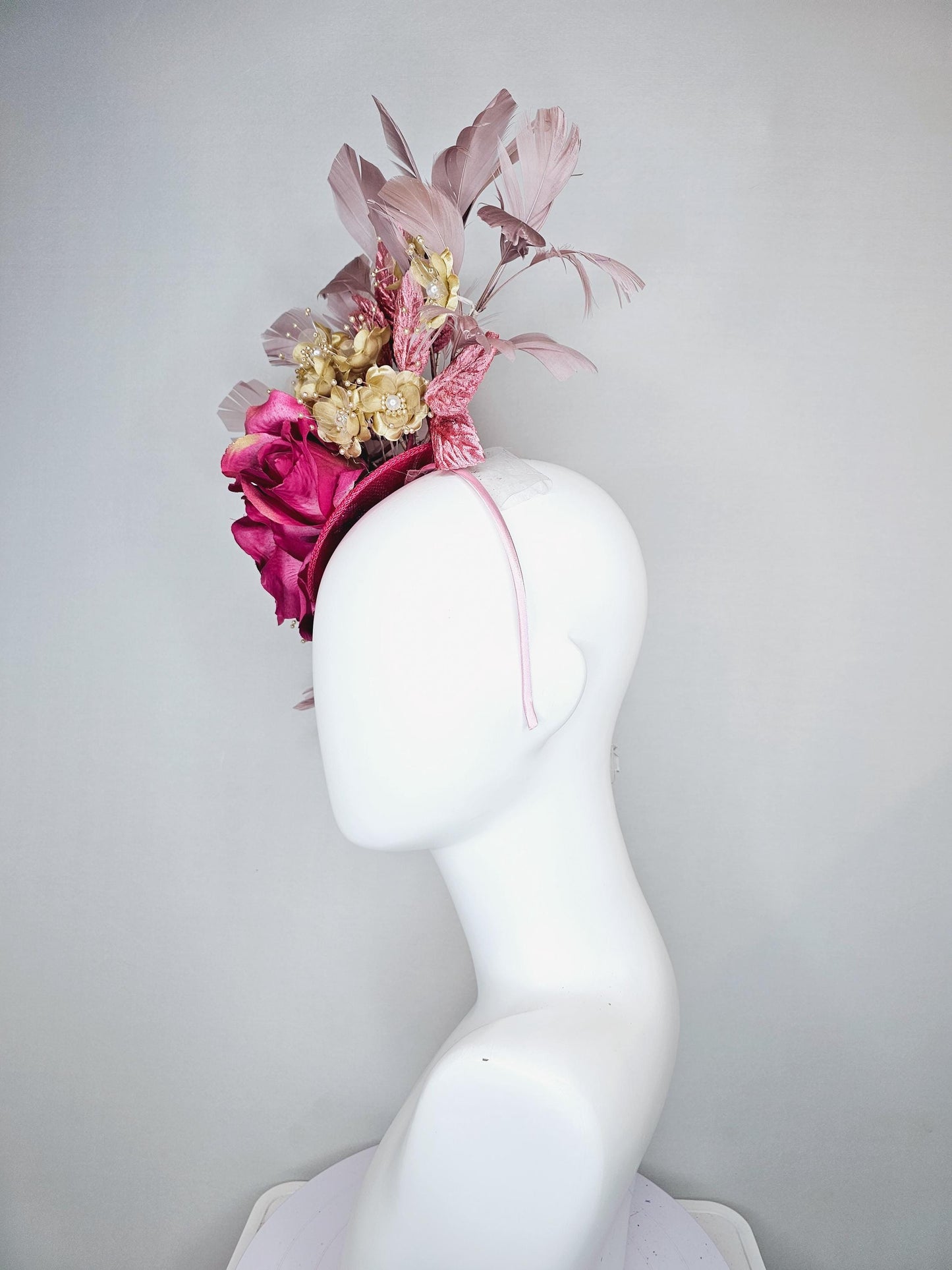 kentucky derby hat fascinator pink sinamay,pink gold silk rose flowers,small gold flowers with gold pearls,dusty pink leaves,taupe feathers
