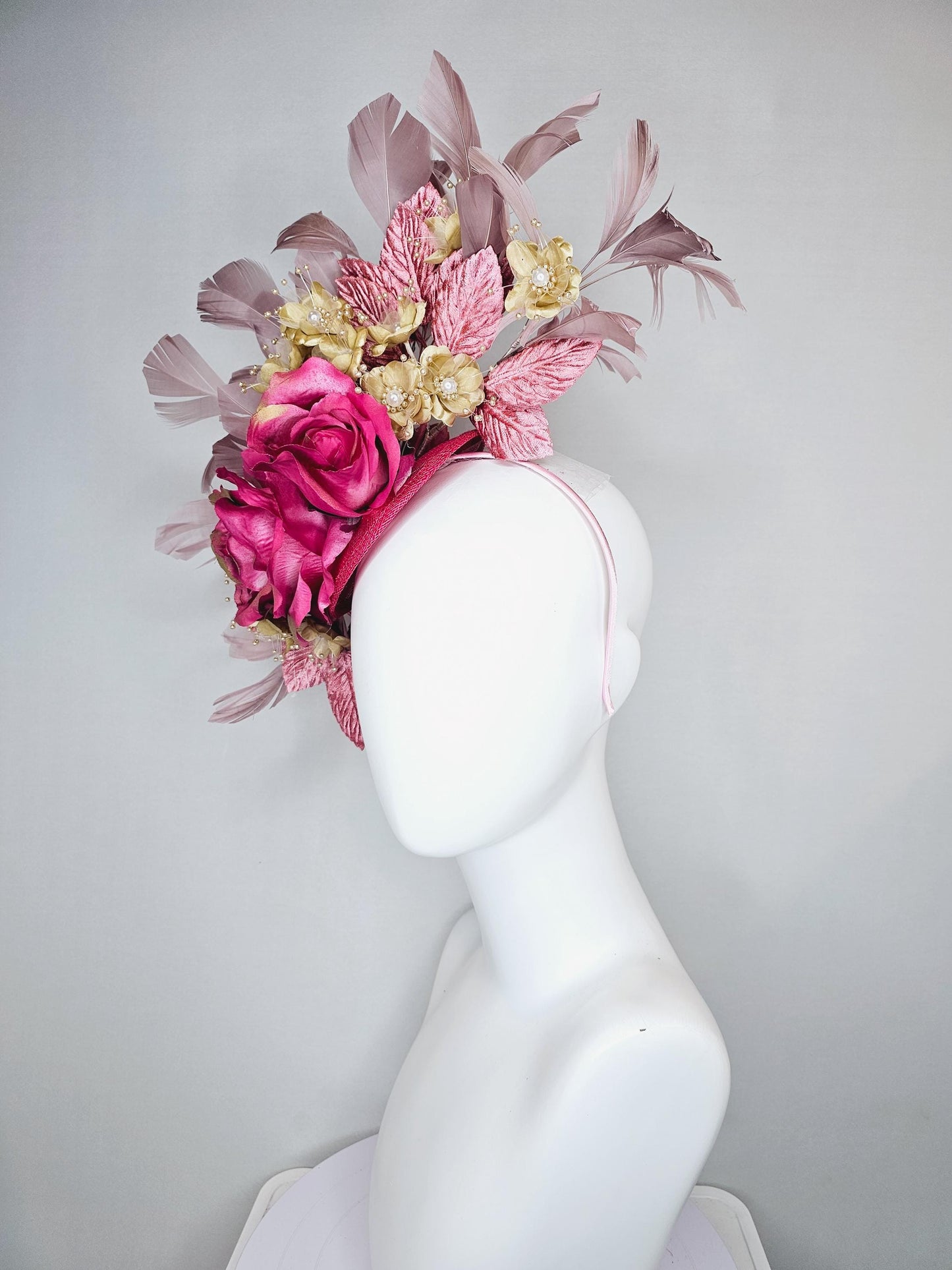 kentucky derby hat fascinator pink sinamay,pink gold silk rose flowers,small gold flowers with gold pearls,dusty pink leaves,taupe feathers