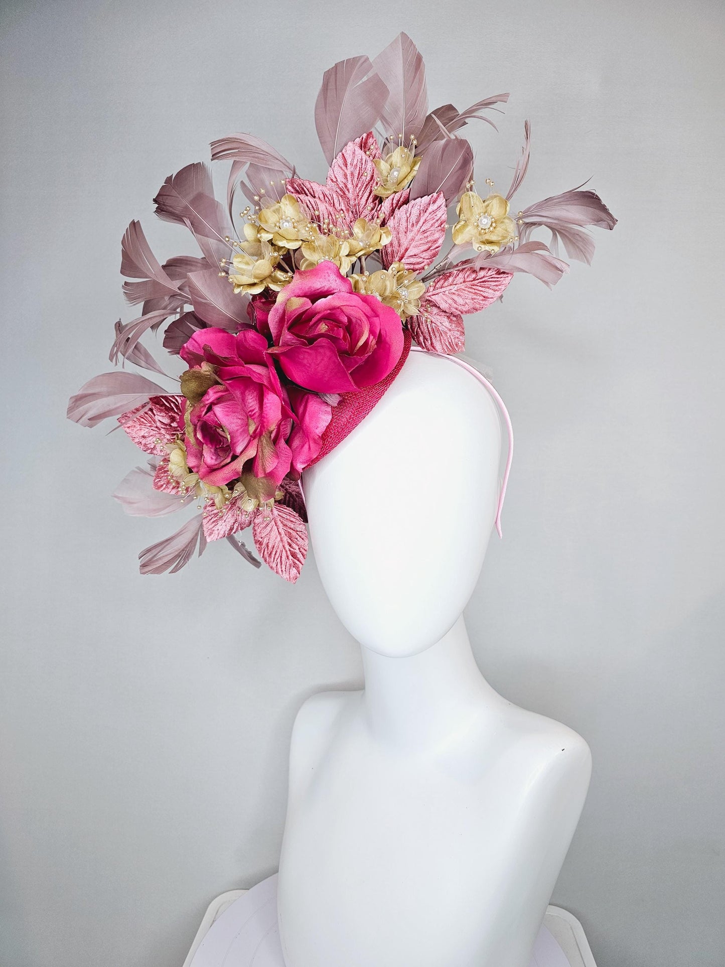 kentucky derby hat fascinator pink sinamay,pink gold silk rose flowers,small gold flowers with gold pearls,dusty pink leaves,taupe feathers