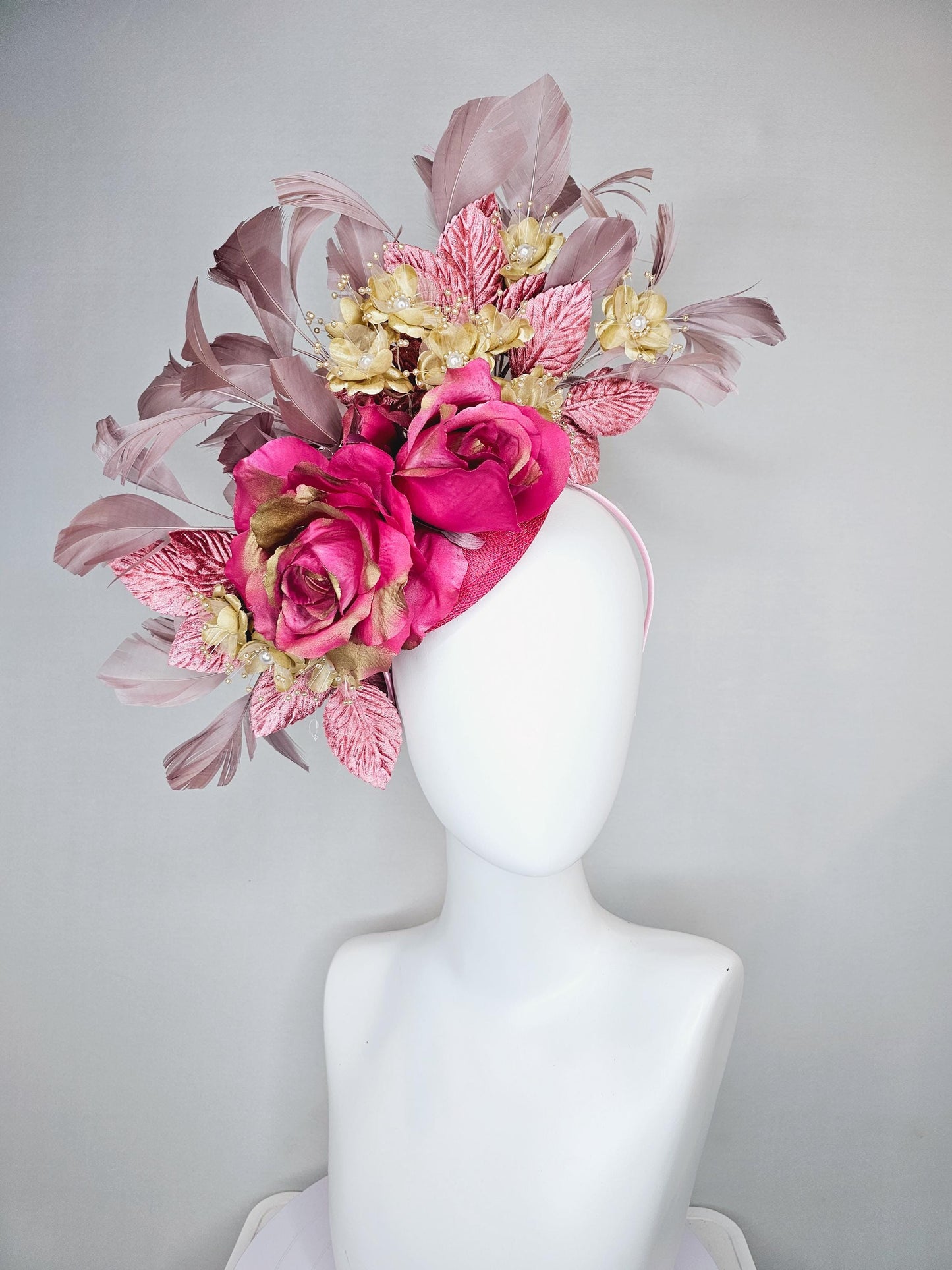 kentucky derby hat fascinator pink sinamay,pink gold silk rose flowers,small gold flowers with gold pearls,dusty pink leaves,taupe feathers