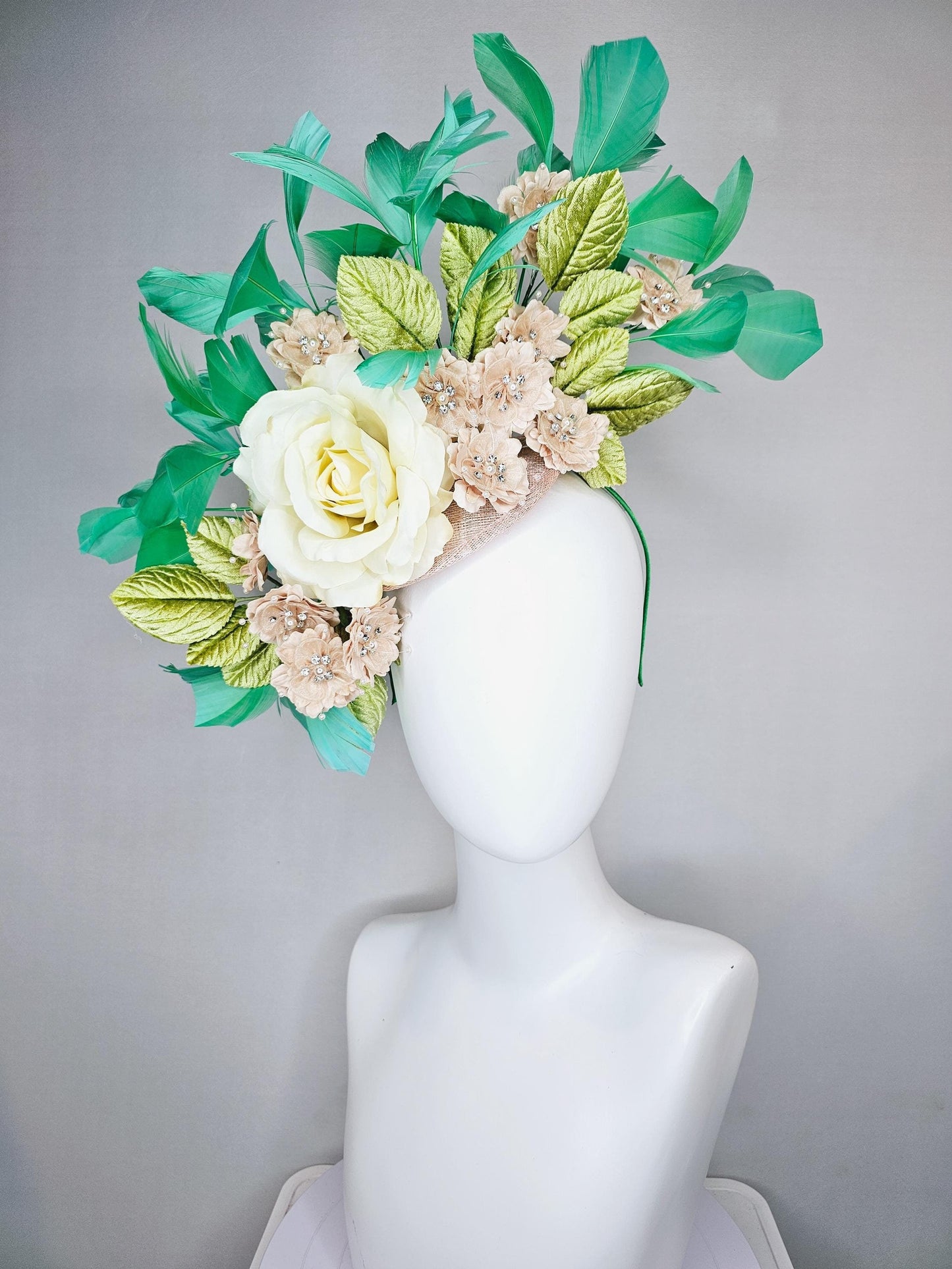 kentucky derby hat fascinator beige sinamay,white ivory silk rose flower small beige flowers lime green leaves green feathers