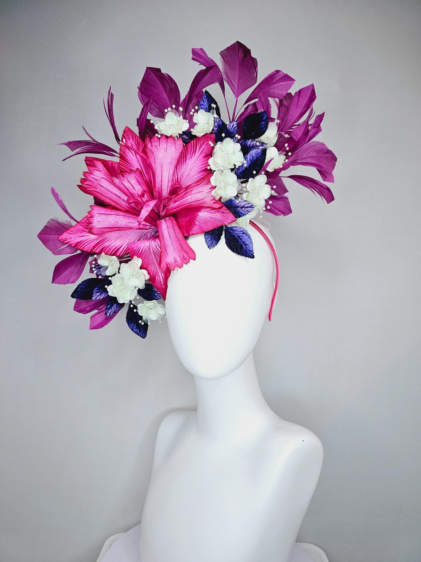 kentucky derby hat fascinator pink fuchsia satin flower white mint ivory beaded pearl flowers pearl navy blue leaves purple magenta feathers
