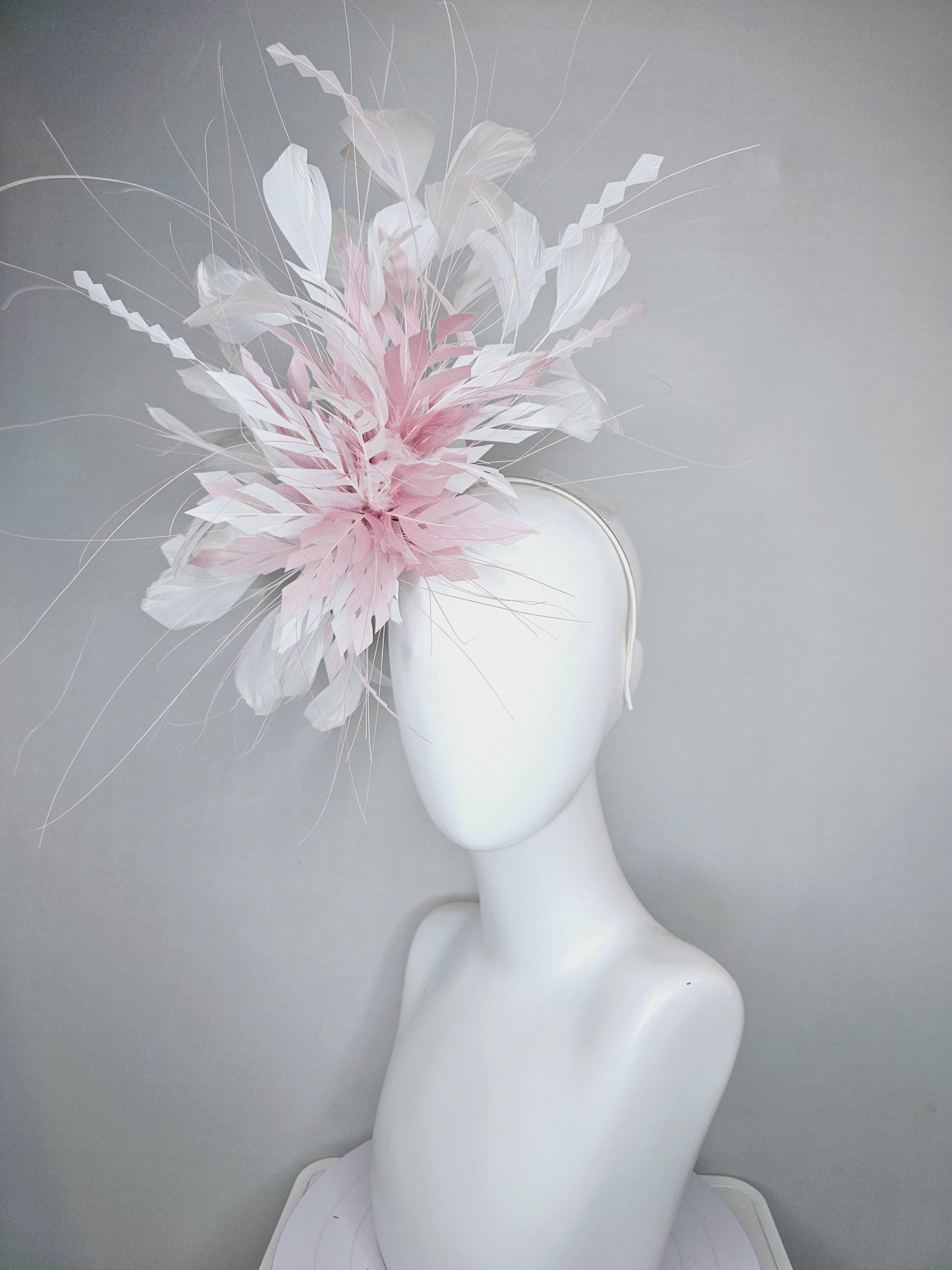 kentucky derby hat fascinator blush baby pink zigzag feather flower with white ivory branching feathers, thin headband