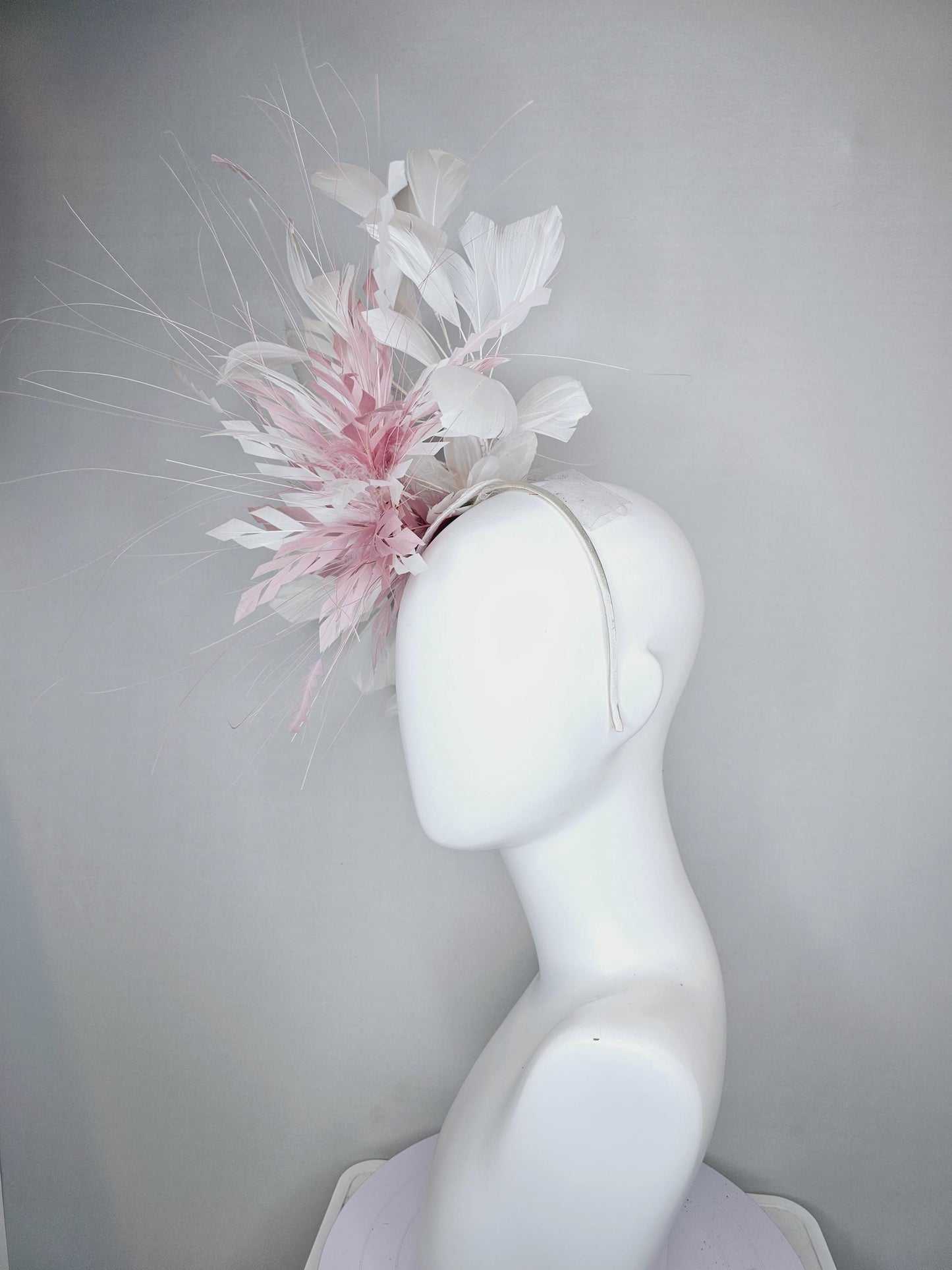 kentucky derby hat fascinator blush baby pink zigzag feather flower with white ivory branching feathers, thin headband