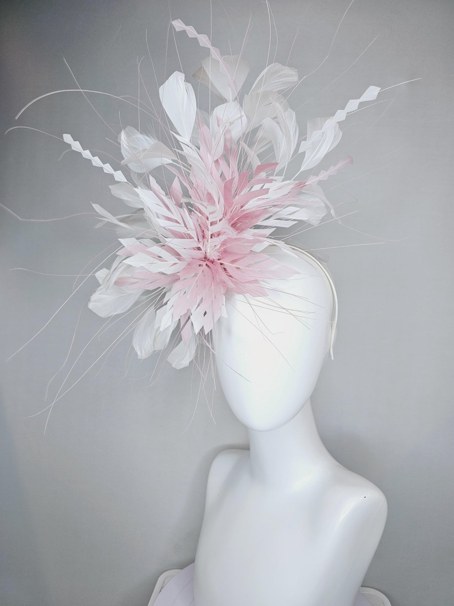 kentucky derby hat fascinator blush baby pink zigzag feather flower with white ivory branching feathers, thin headband