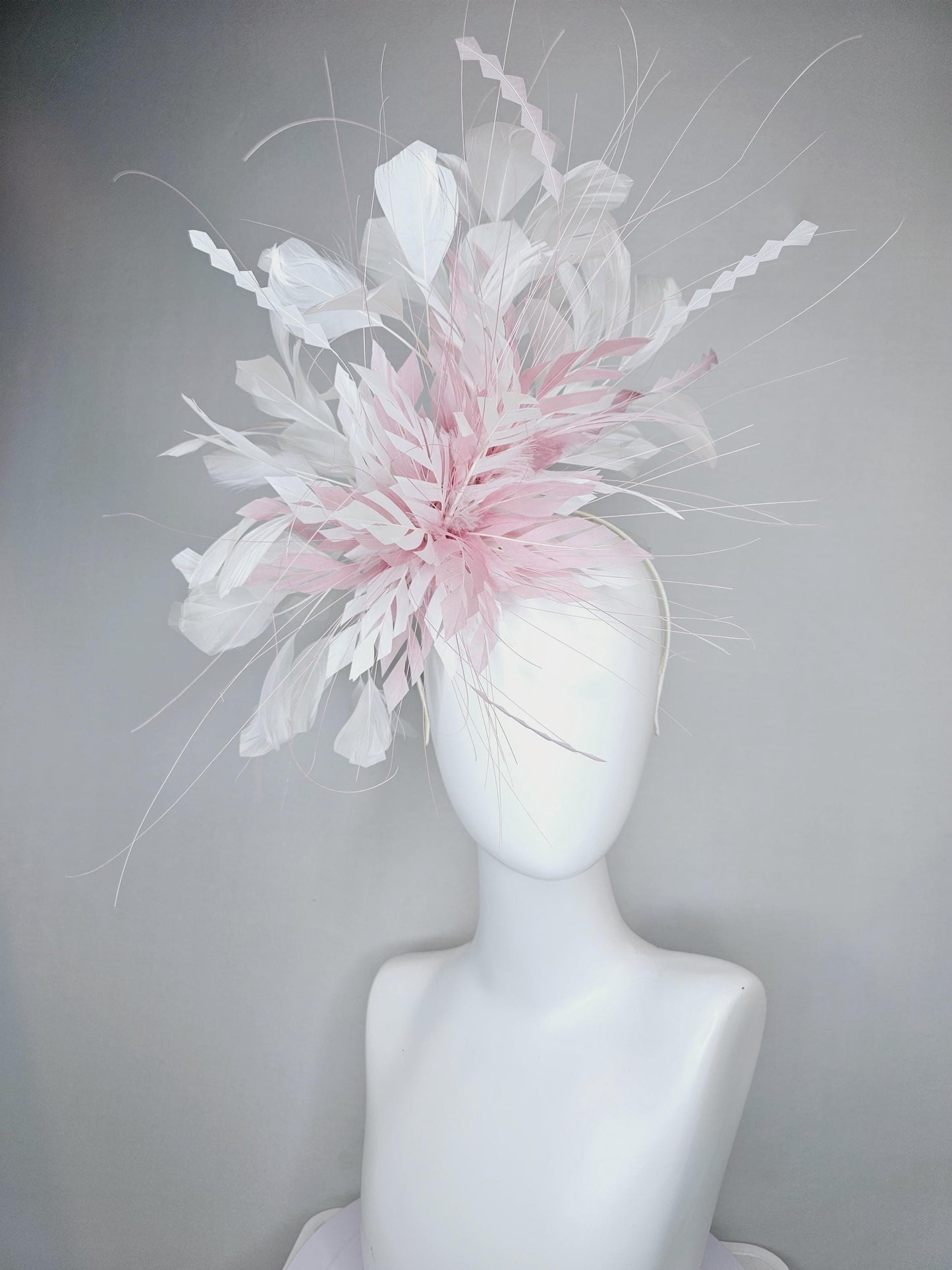 kentucky derby hat fascinator blush baby pink zigzag feather flower with white ivory branching feathers, thin headband
