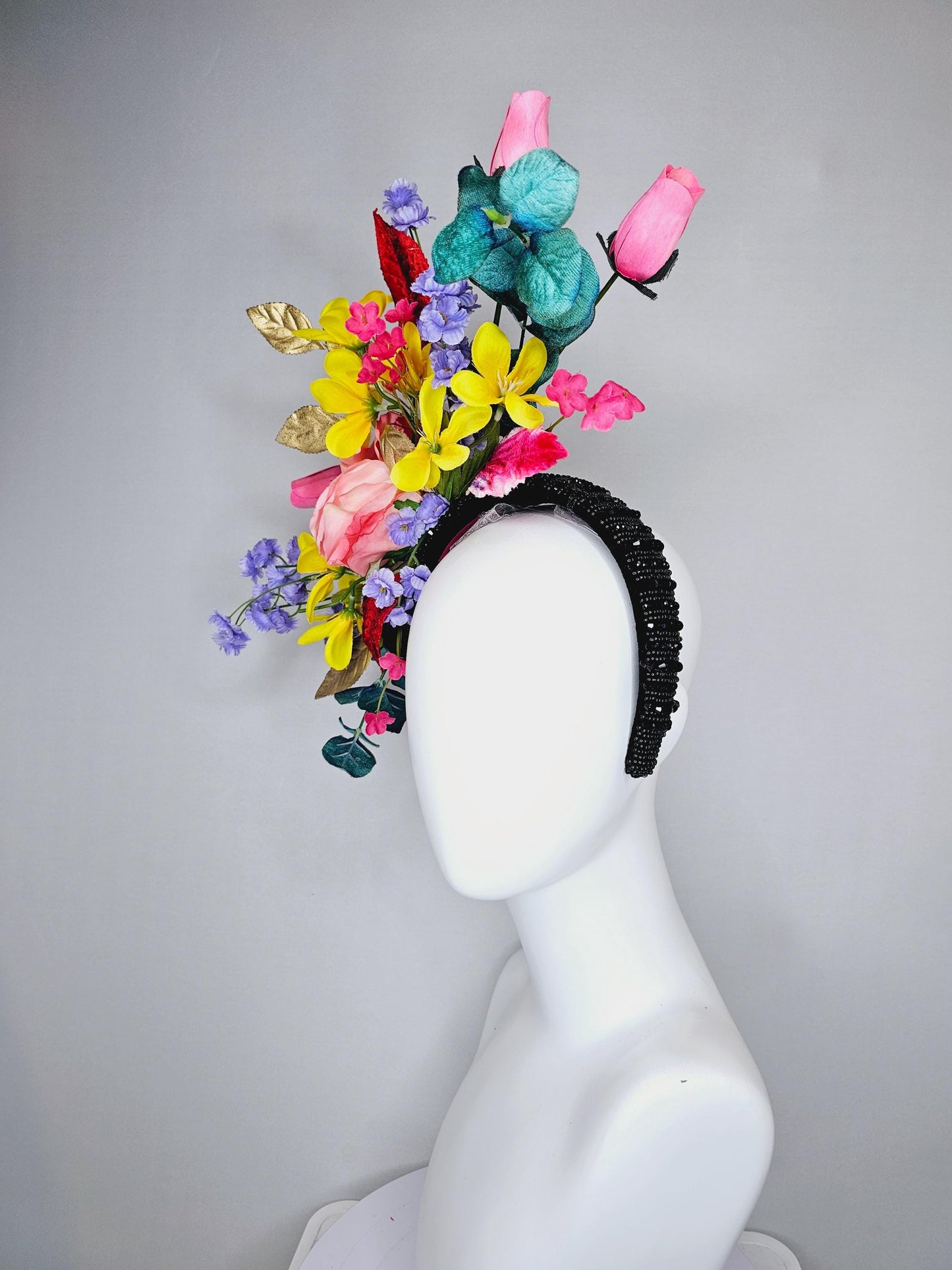 kentucky derby hat fascinator black rhinestone headband,colorful ombre pink rose,yellow pink purple flowers,red gold green teal blue leaves