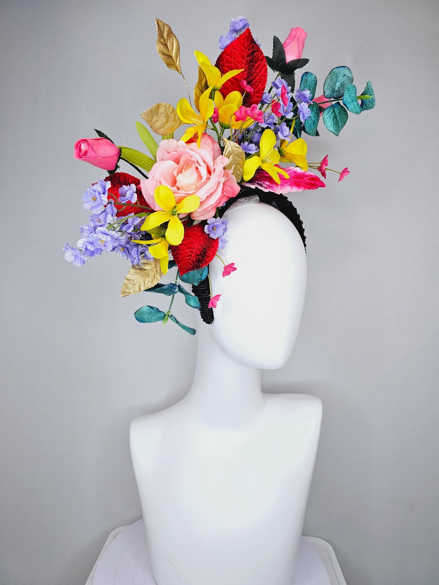 kentucky derby hat fascinator black rhinestone headband,colorful ombre pink rose,yellow pink purple flowers,red gold green teal blue leaves