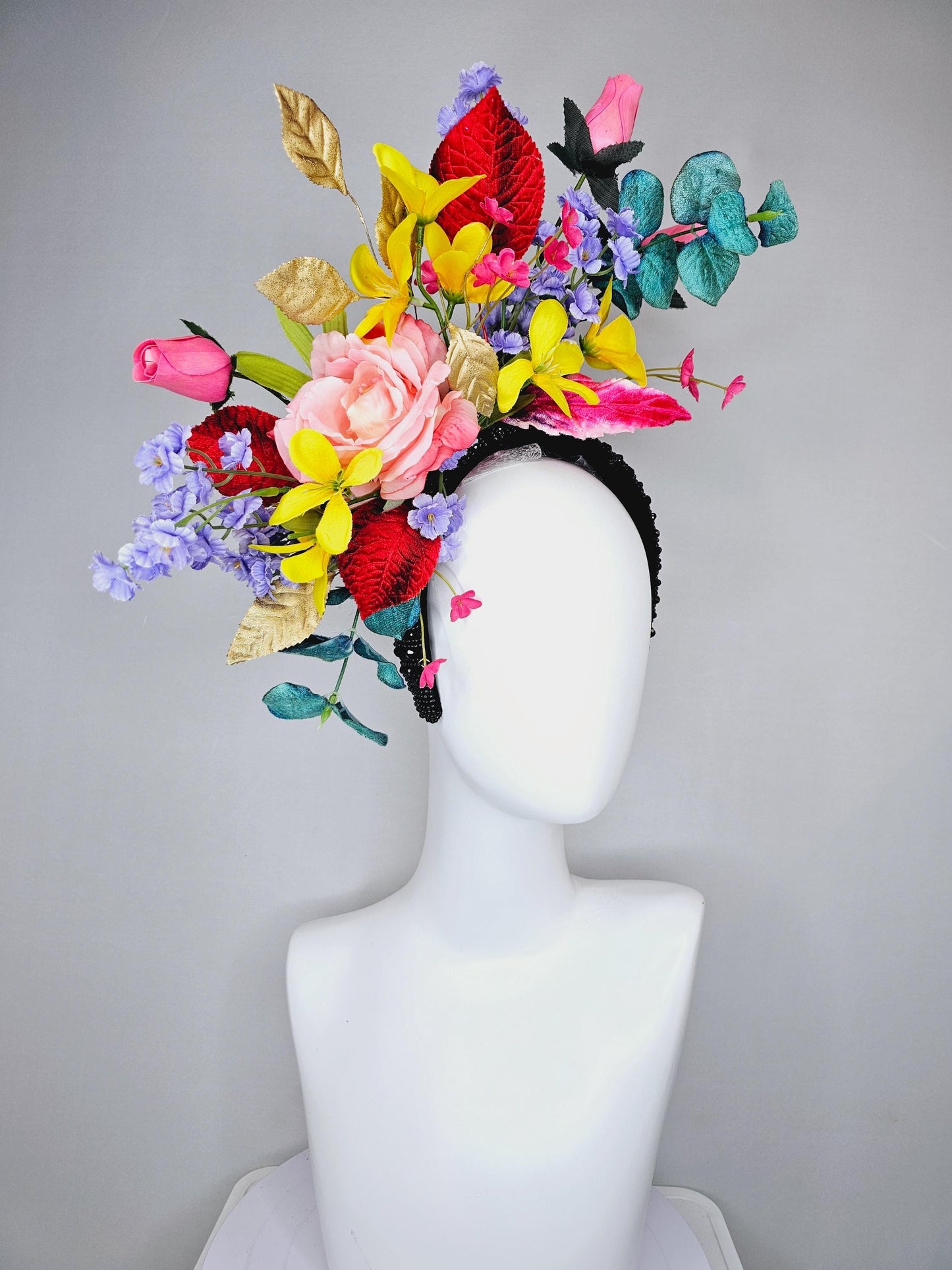 kentucky derby hat fascinator black rhinestone headband,colorful ombre pink rose,yellow pink purple flowers,red gold green teal blue leaves