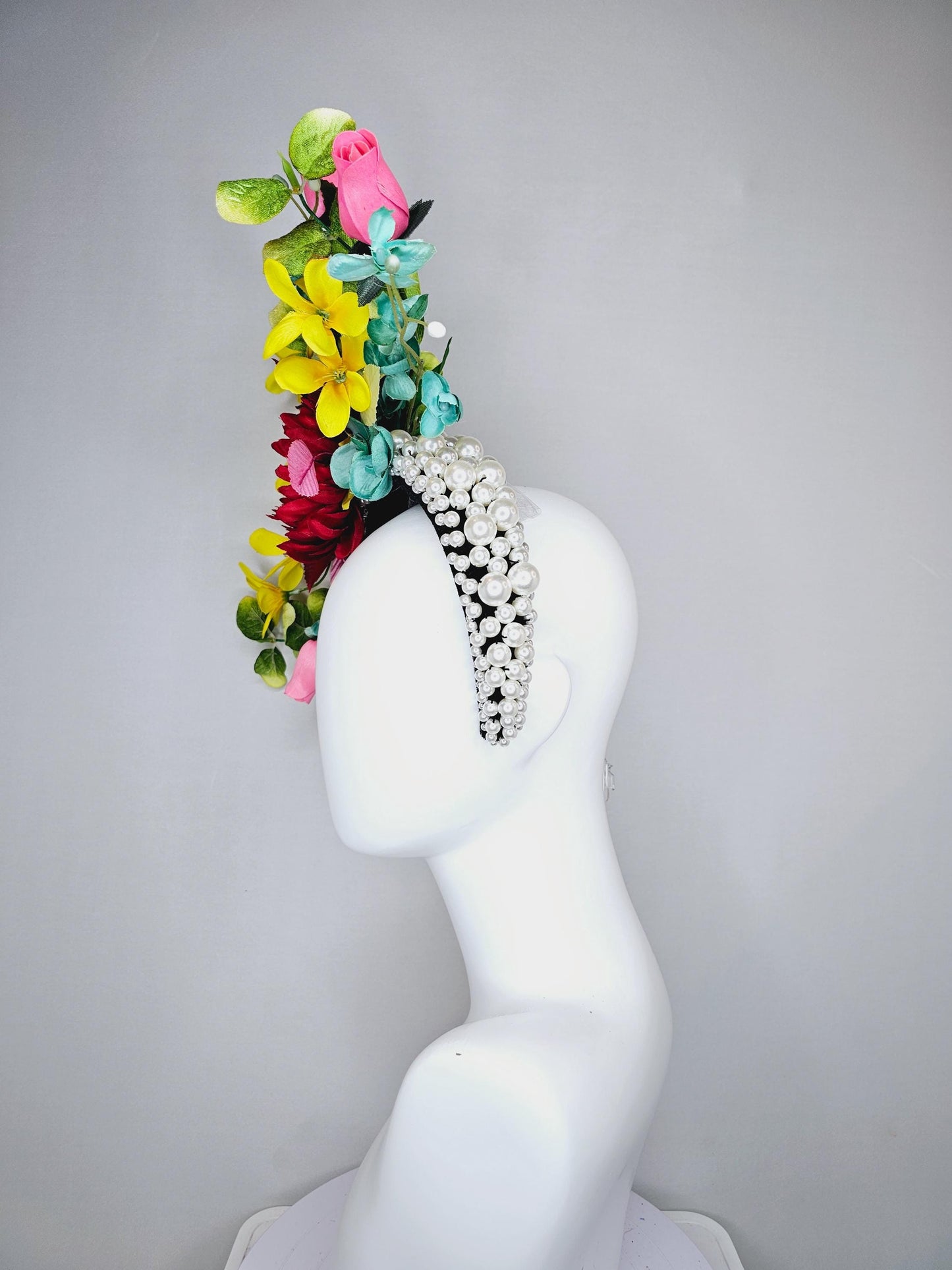 kentucky derby hat fascinator pearl beaded headband,colorful crimson red flower,yellow pink teal blue flowers,red pink white green leaves