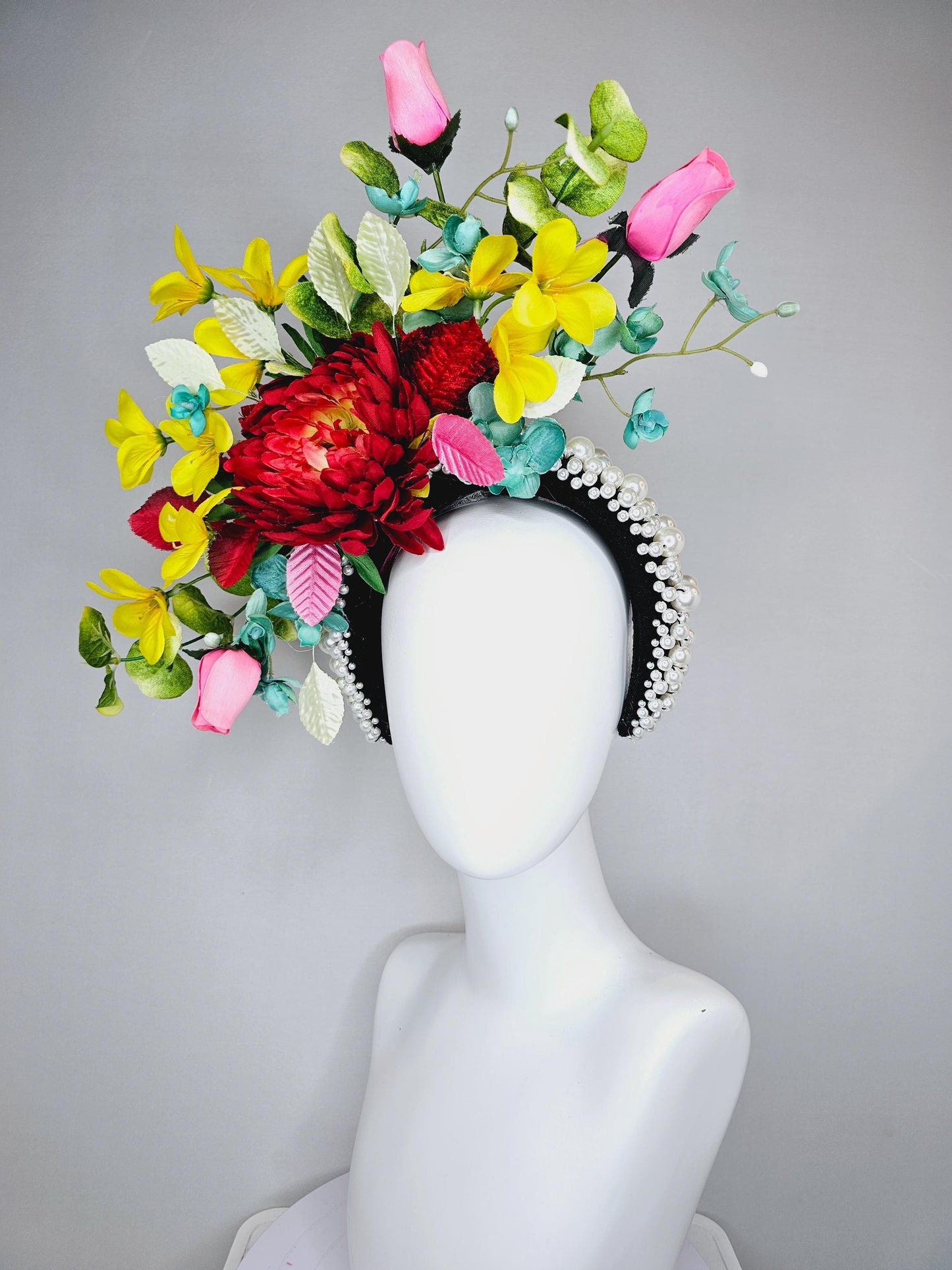 kentucky derby hat fascinator pearl beaded headband,colorful crimson red flower,yellow pink teal blue flowers,red pink white green leaves