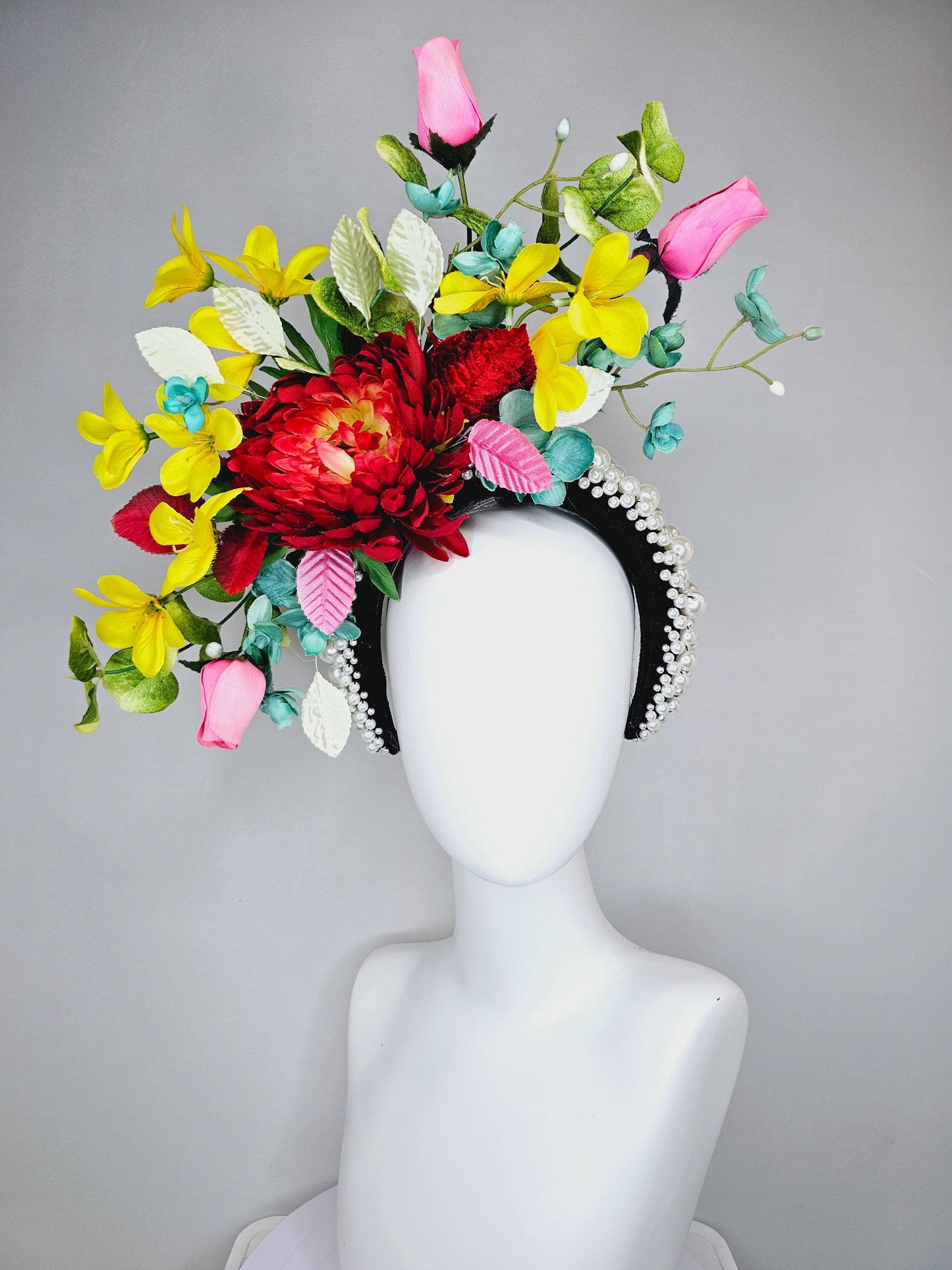 kentucky derby hat fascinator pearl beaded headband,colorful crimson red flower,yellow pink teal blue flowers,red pink white green leaves