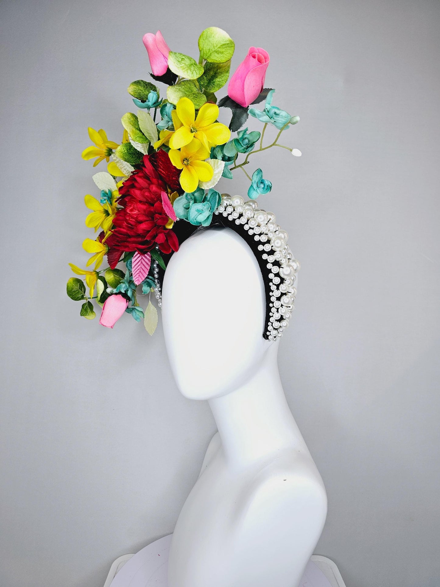 kentucky derby hat fascinator pearl beaded headband,colorful crimson red flower,yellow pink teal blue flowers,red pink white green leaves
