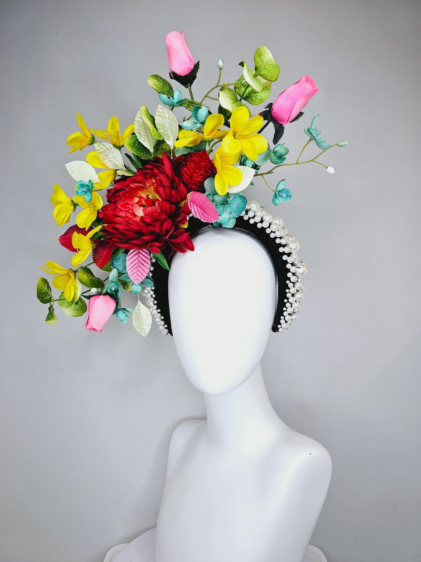 kentucky derby hat fascinator pearl beaded headband,colorful crimson red flower,yellow pink teal blue flowers,red pink white green leaves