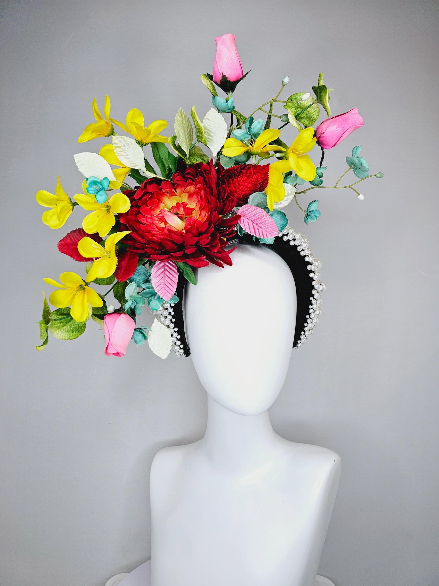 kentucky derby hat fascinator pearl beaded headband,colorful crimson red flower,yellow pink teal blue flowers,red pink white green leaves