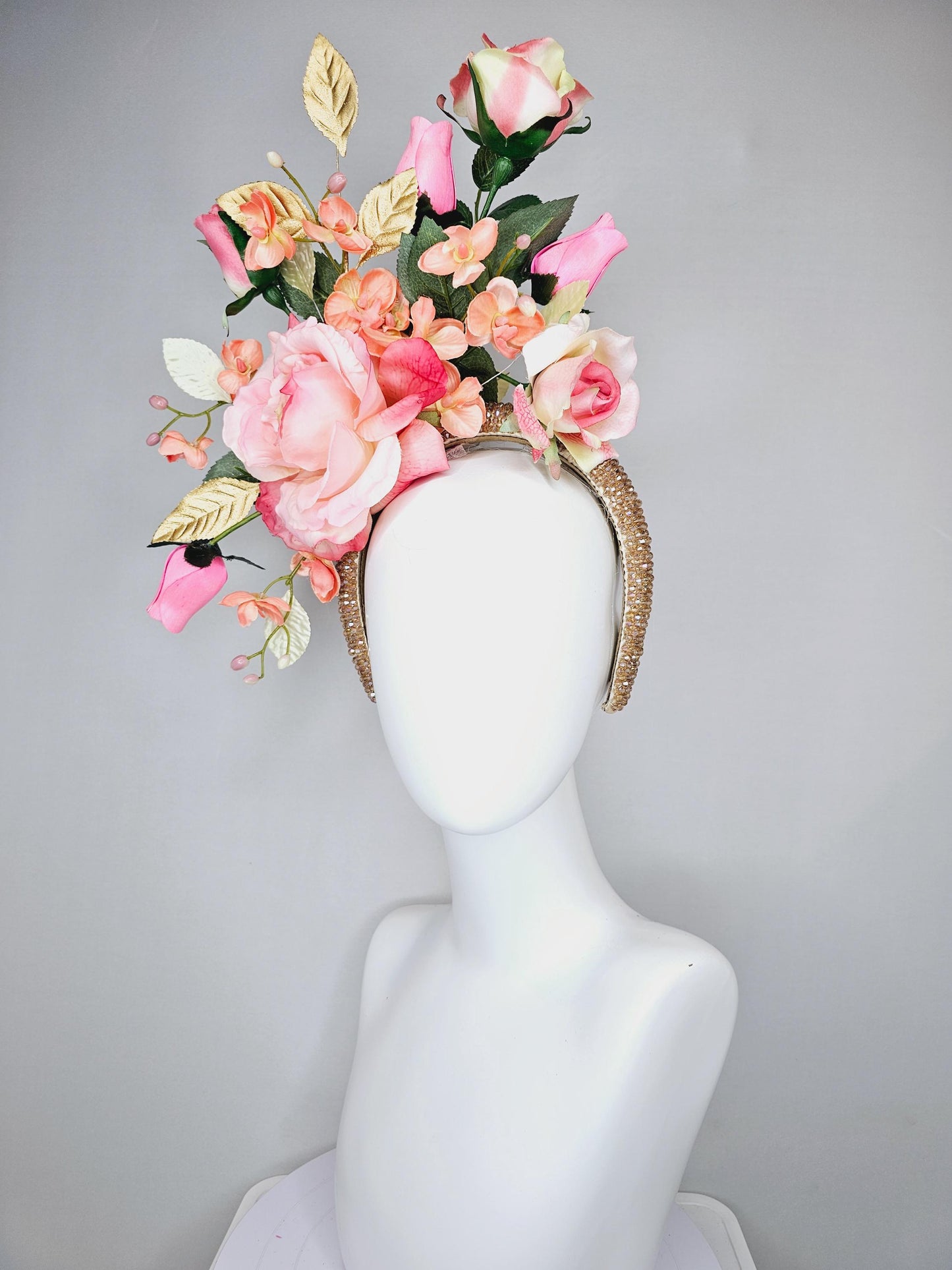 kentucky derby hat fascinator crystal iridescent gold beaded headband,ombre pink rose flowers,light orange peach flowers,gold green leaves