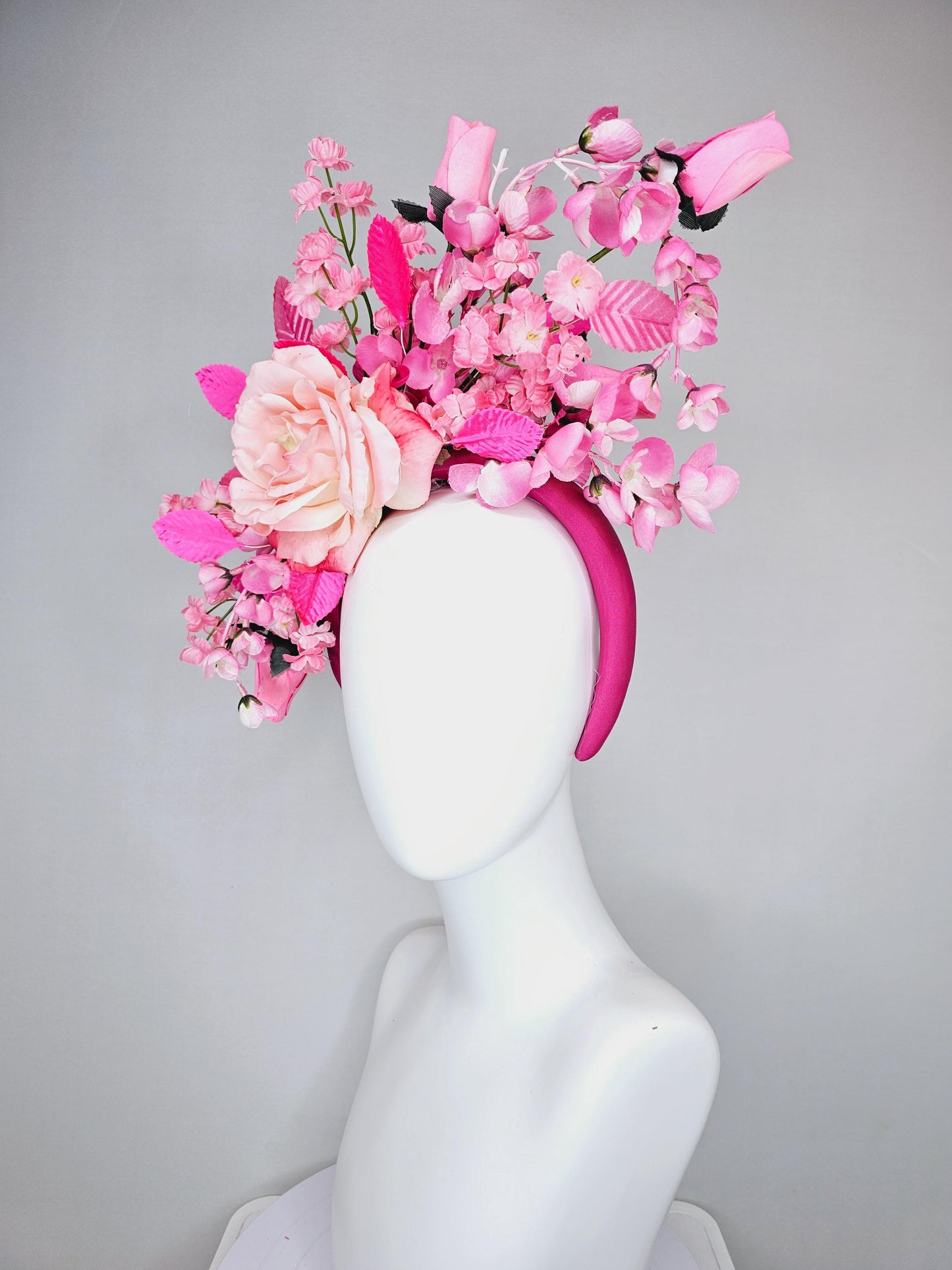 kentucky derby hat fascinator hot pink headband, baby pink satin silk rose flower,blush pink satin silk flowers, blush pink leaves