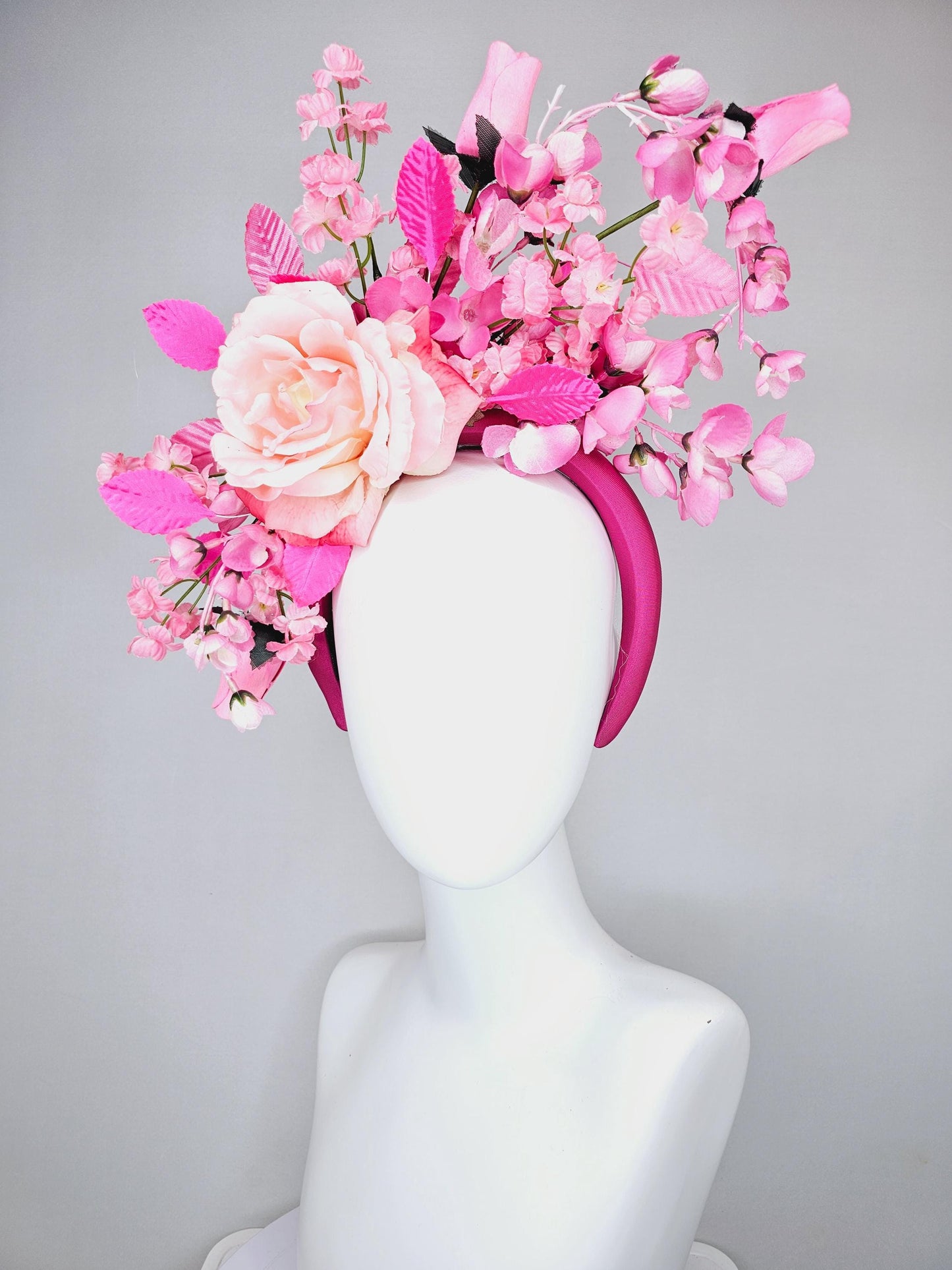 kentucky derby hat fascinator hot pink headband, baby pink satin silk rose flower,blush pink satin silk flowers, blush pink leaves