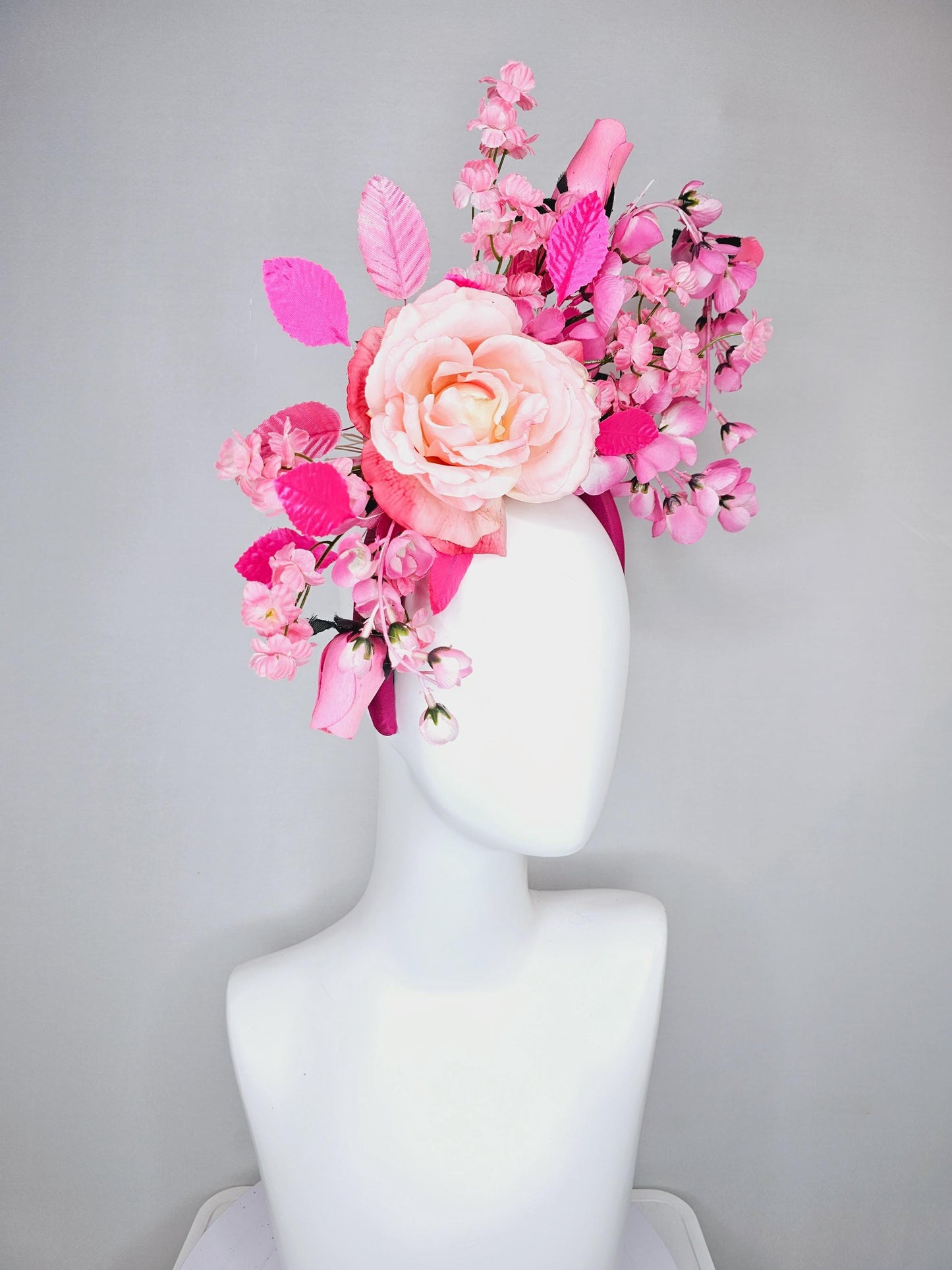 kentucky derby hat fascinator hot pink headband, baby pink satin silk rose flower,blush pink satin silk flowers, blush pink leaves
