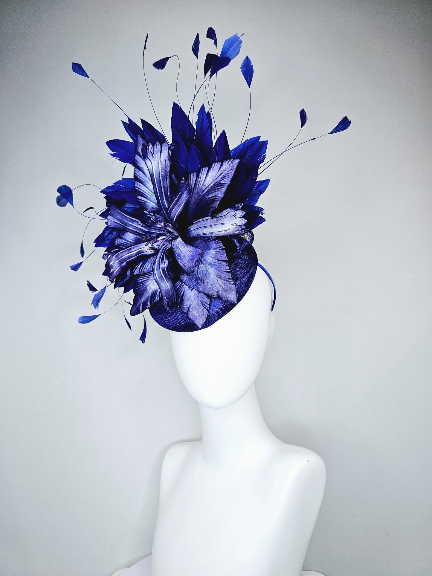 kentucky derby hat fascinator royal blue sinamay with ombre royal blue satin flower navy royal blue feathers royal blue sinamay bow